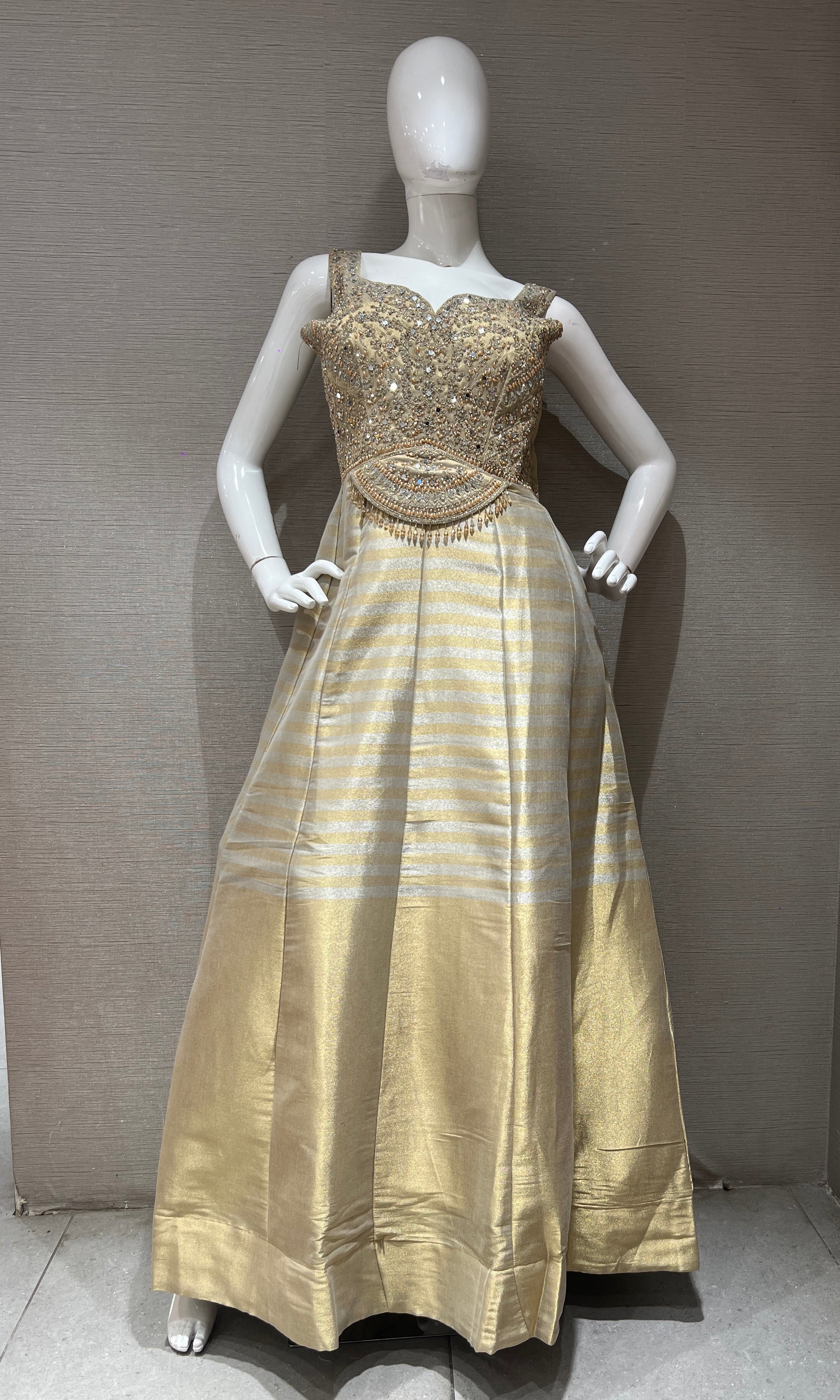 Blue and Gold Striped Anarkali Set with dupatta