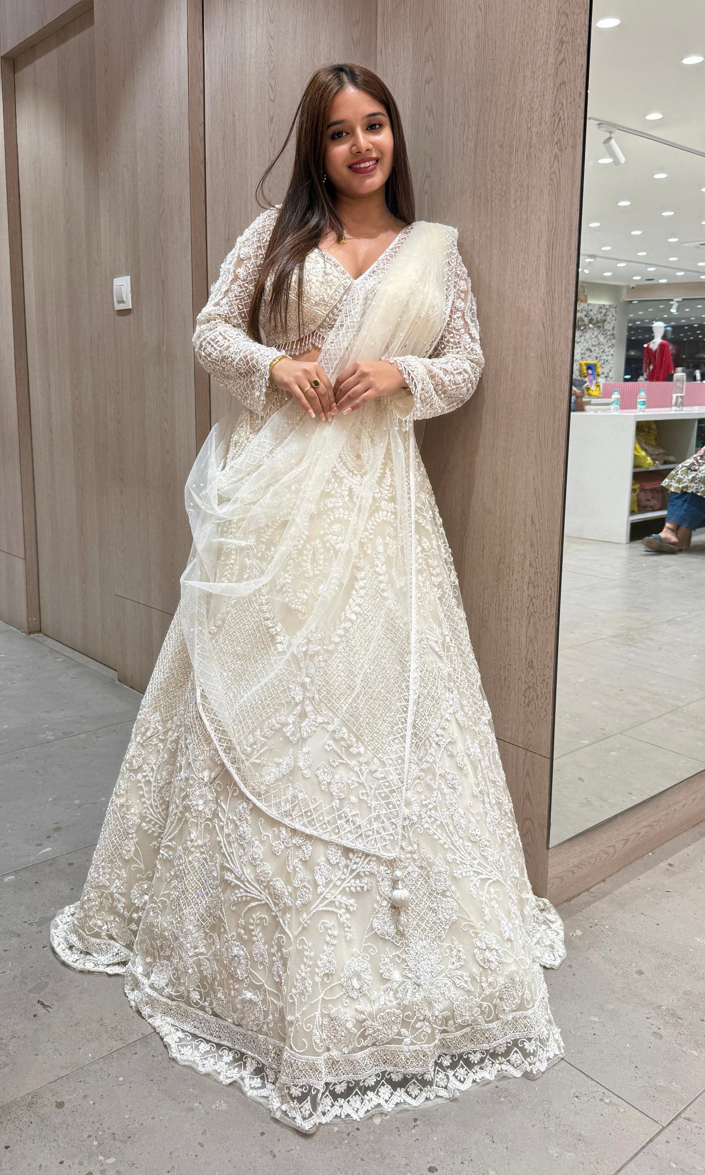 Ivory Pearl White Net Lehenga