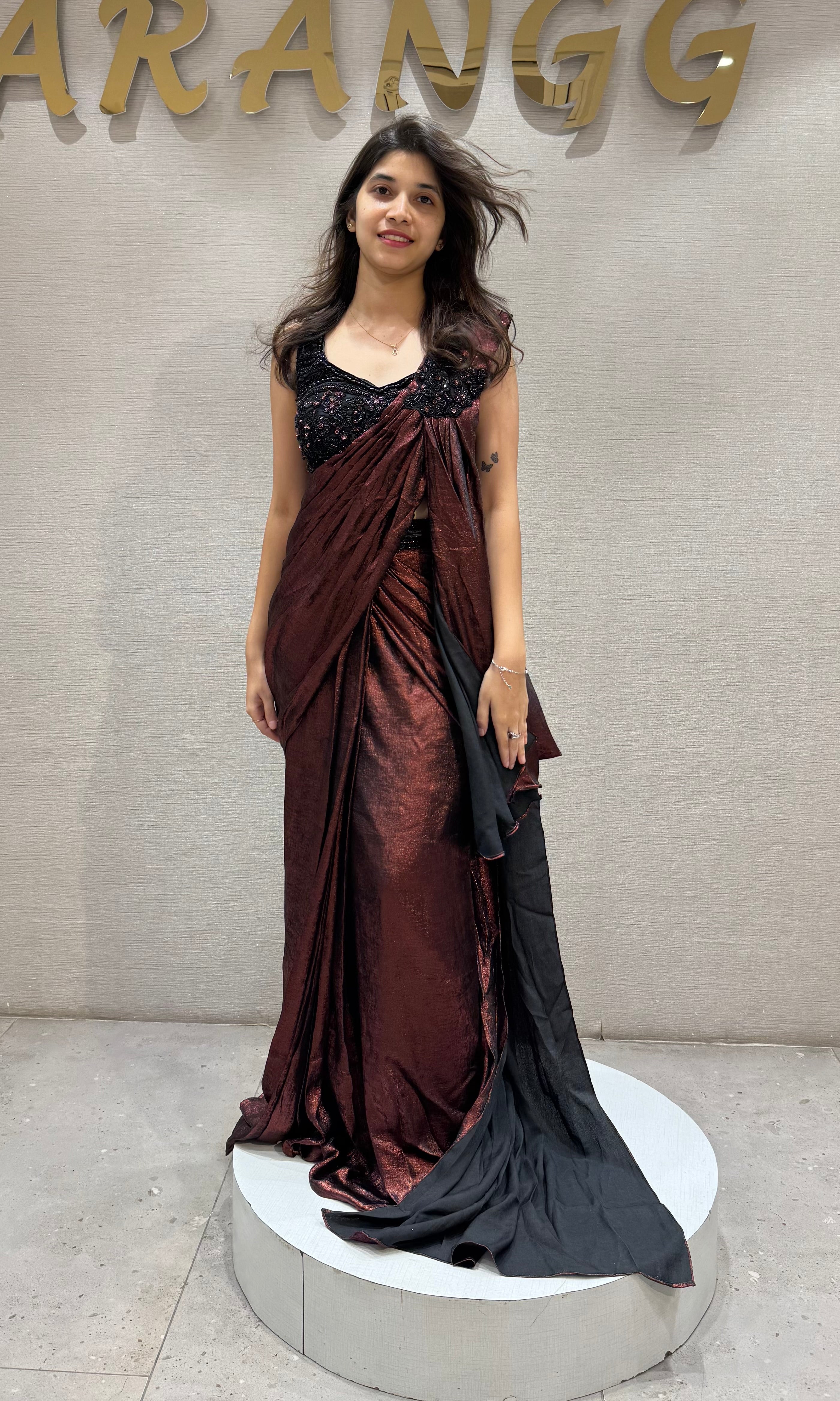 Maroon Crystal Embellished Draped Saree