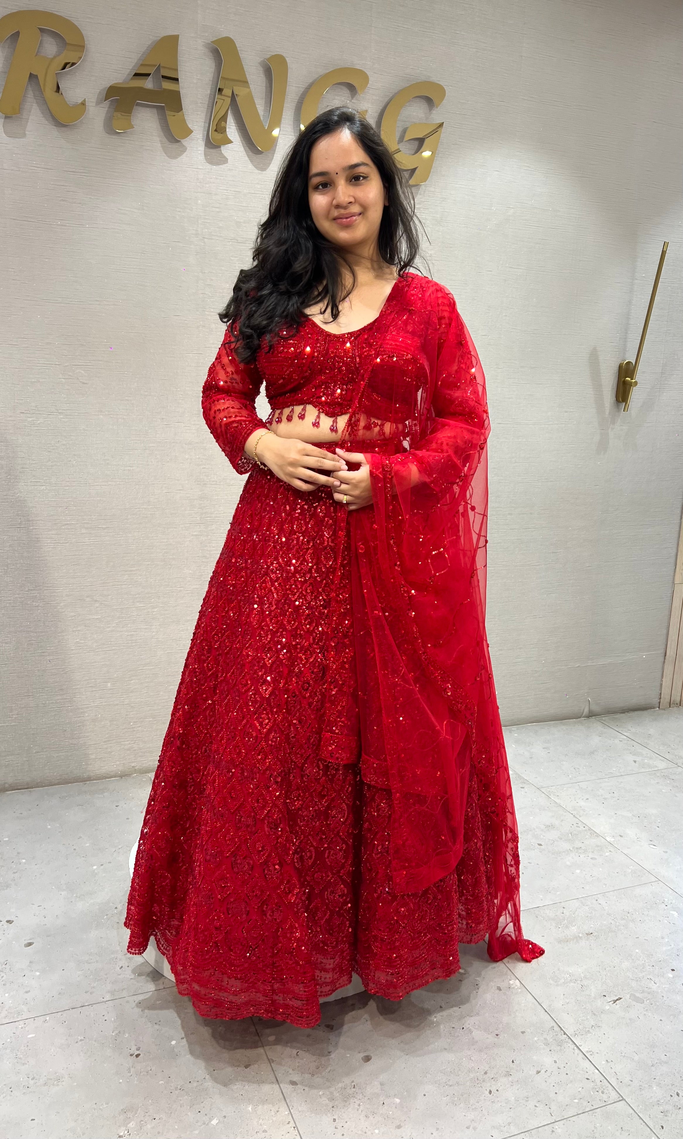Crimson Red Embroidered Lehenga with Net Dupatta