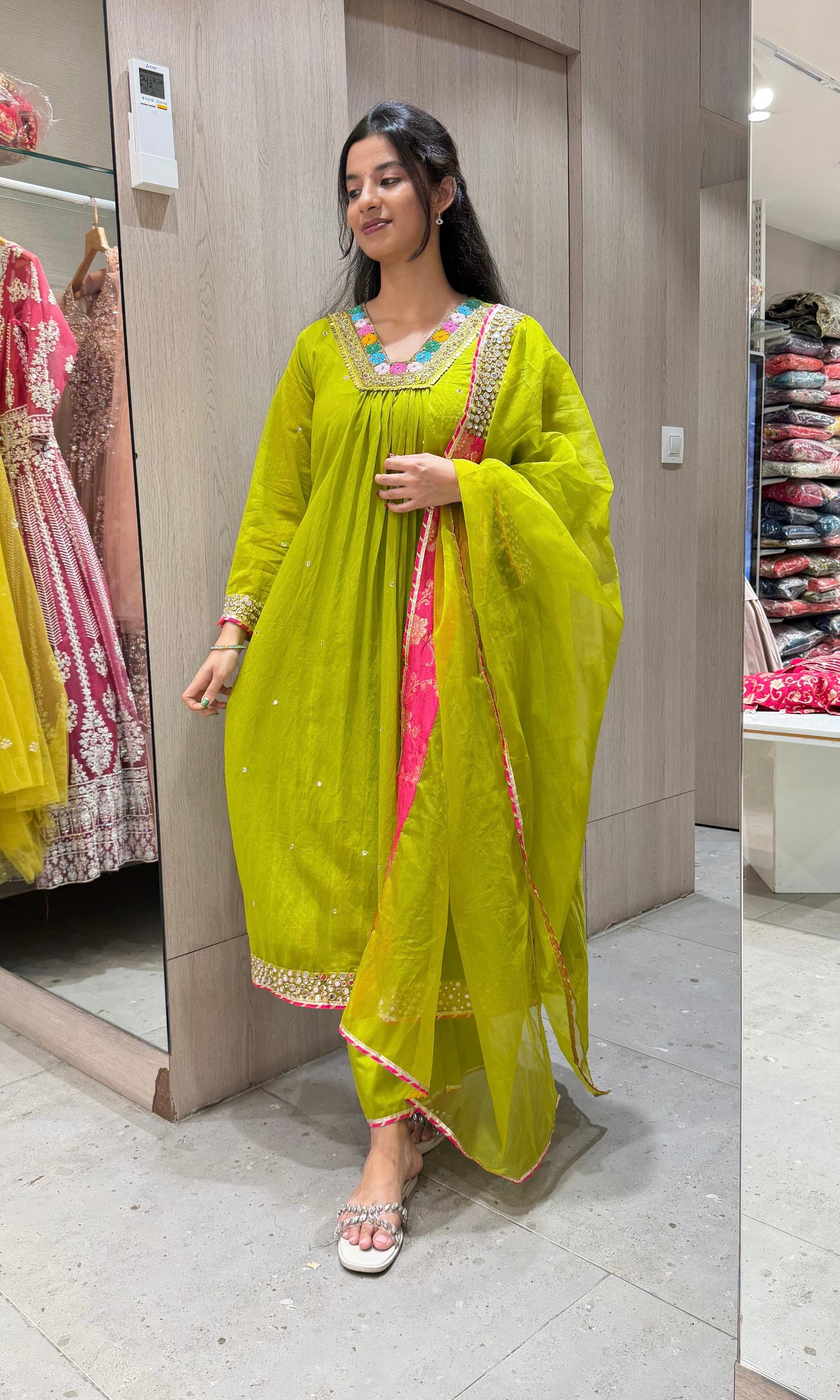 GREEN FLORAL NECK A LINE kurta set
