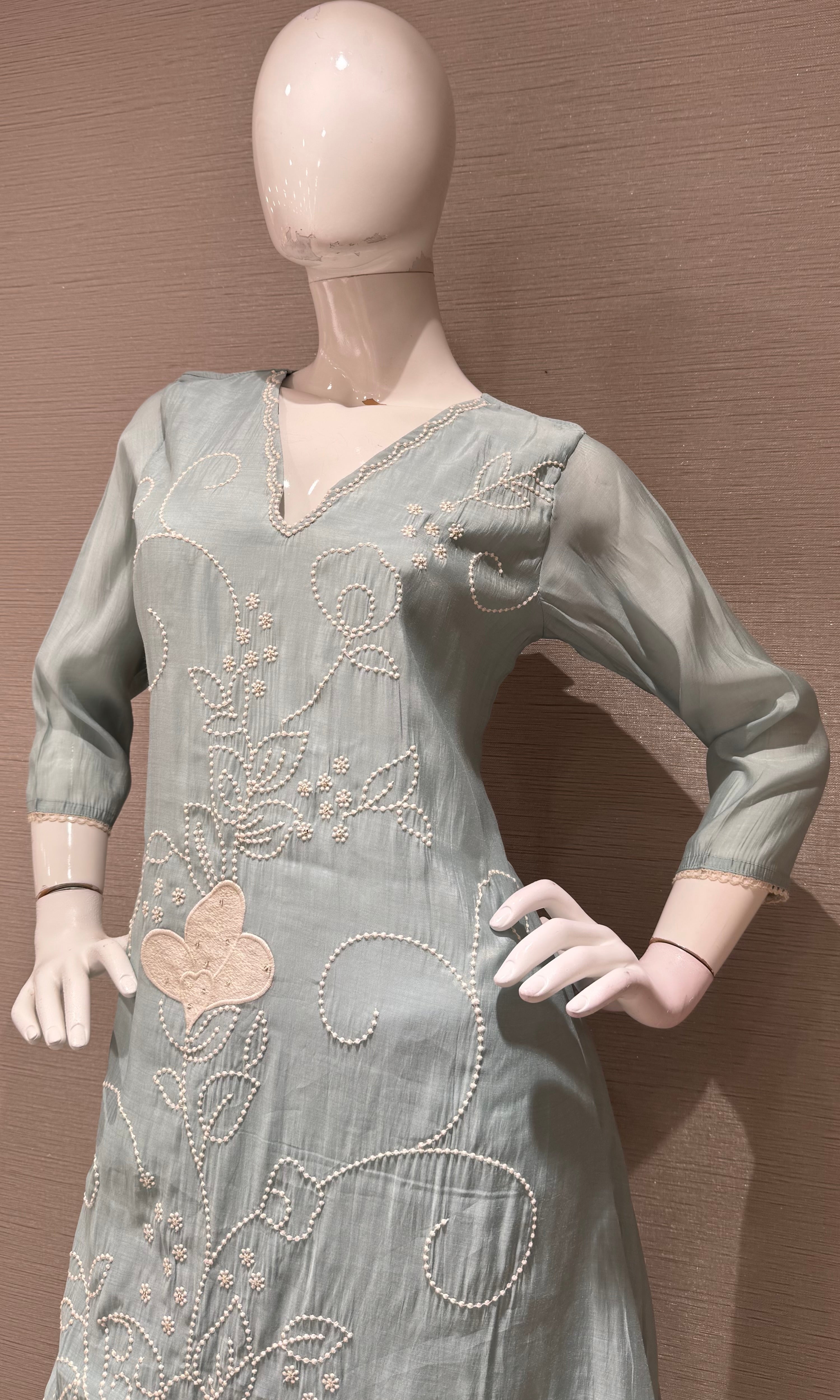 Sky Blue Cotton silk Floral Kurta set with dupatta
