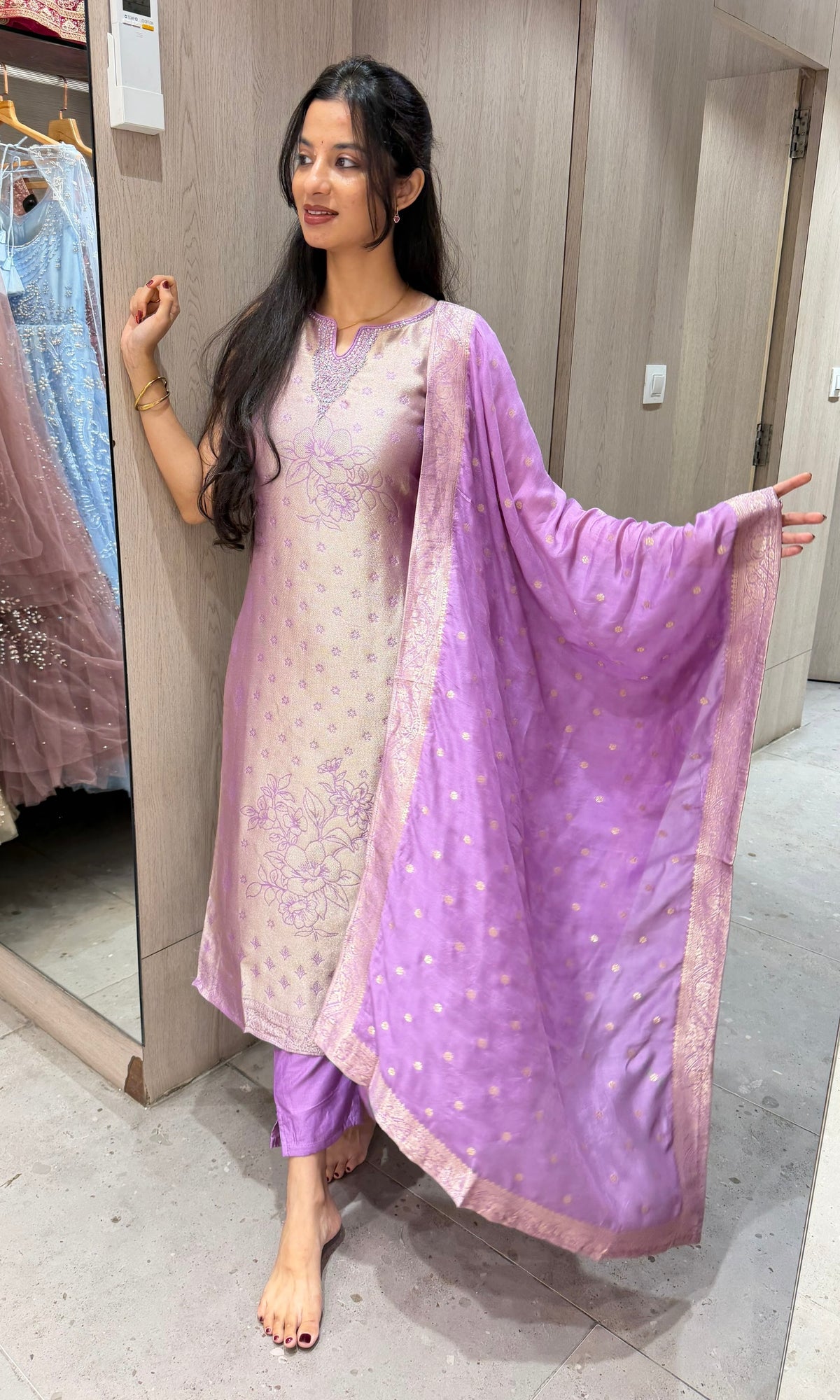 Lavander banarasi silk Embroidered Kurta Set with Dupatta