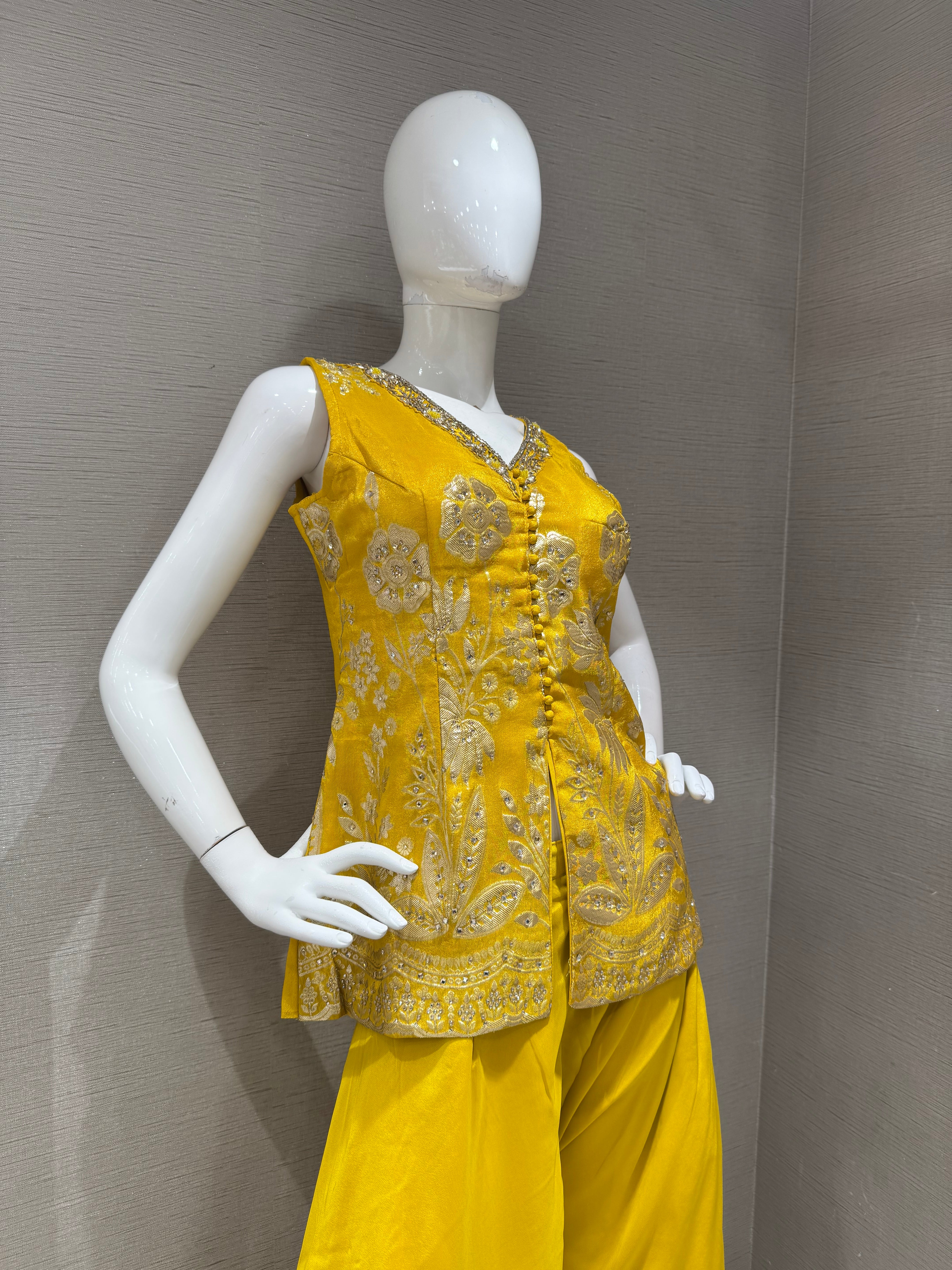 Yellow Embroidered Short Peplum Palazzo Set with Dupatta