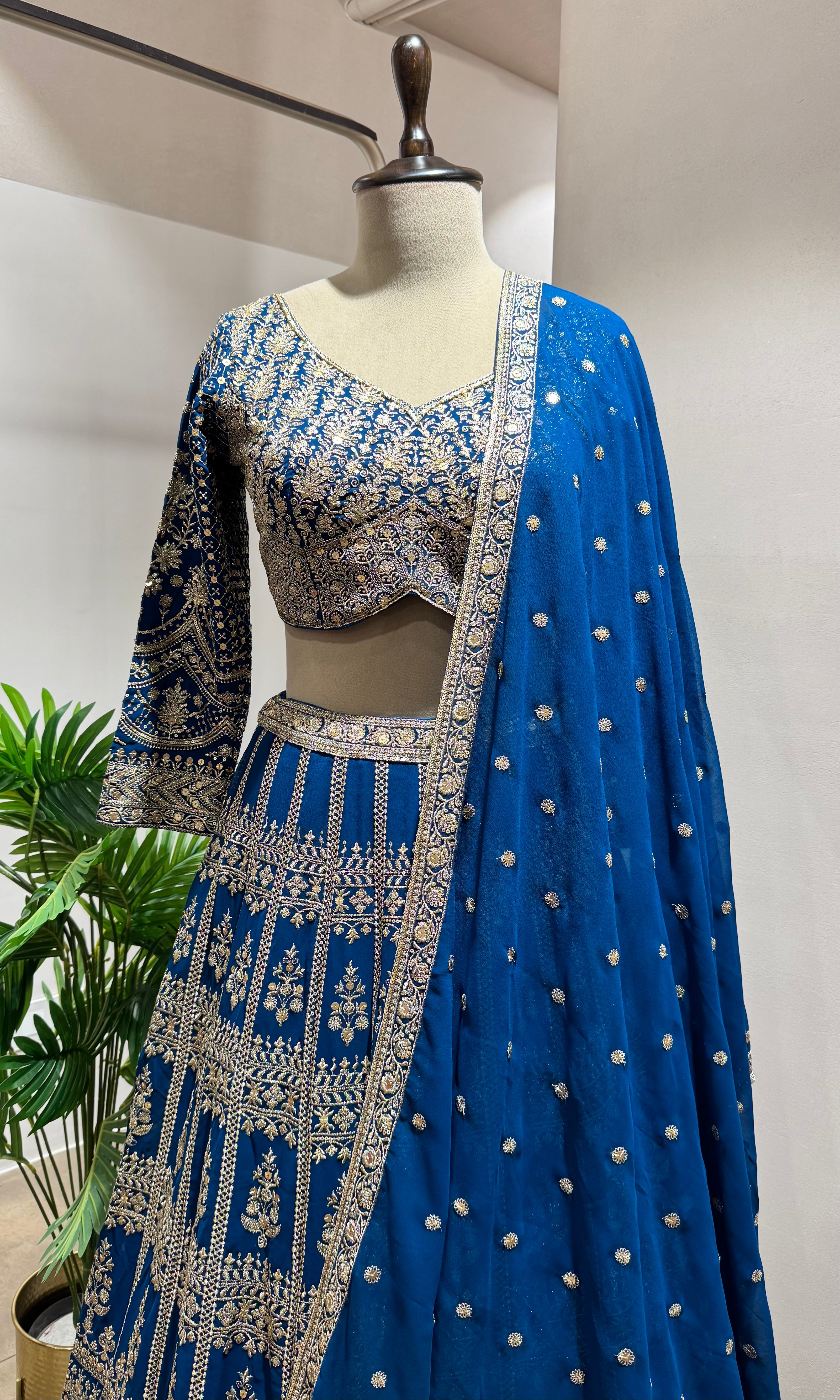 BLUE GOLDEN HEAVY EMBROIDERED LEHENGA