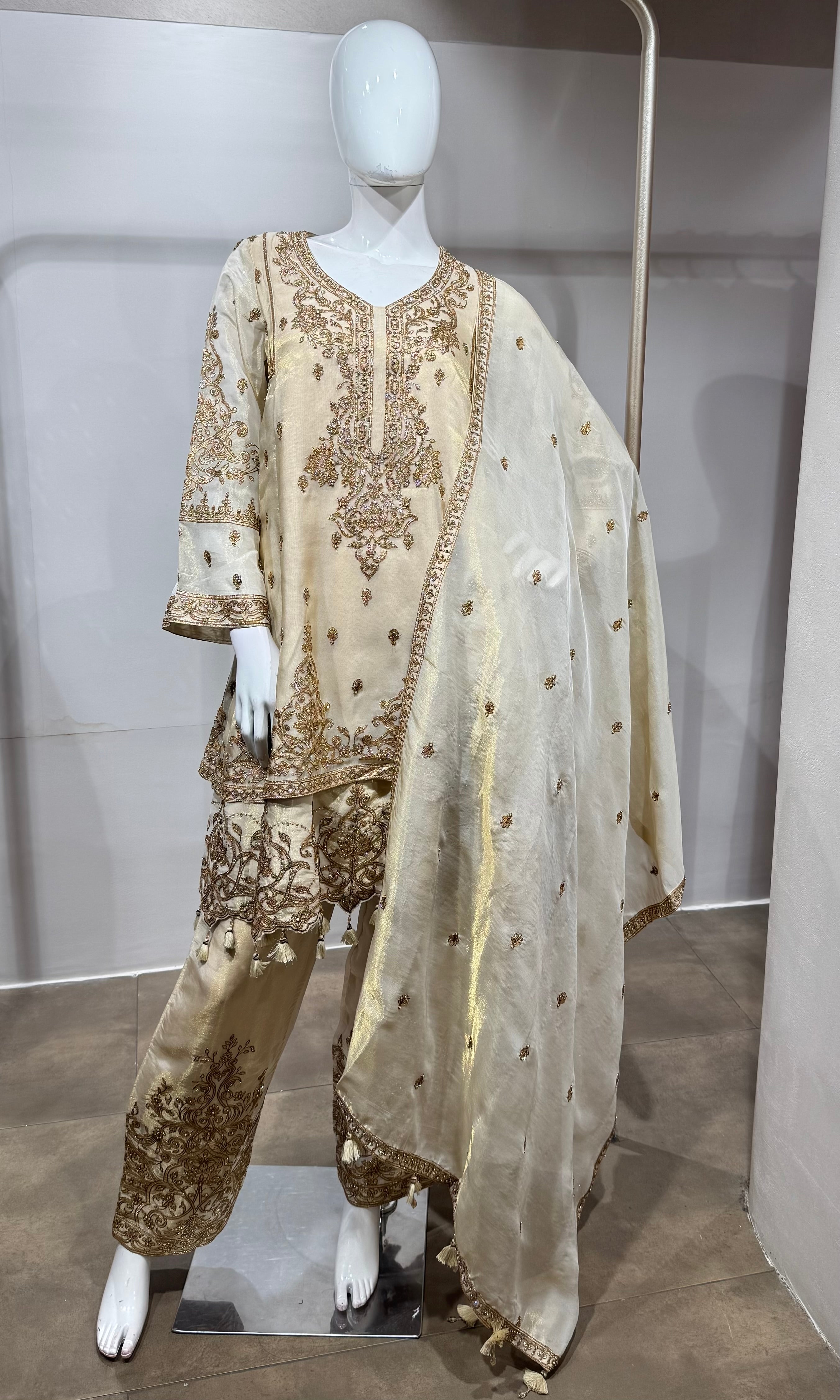 gold tissue suit with golden embroidery & straight pants