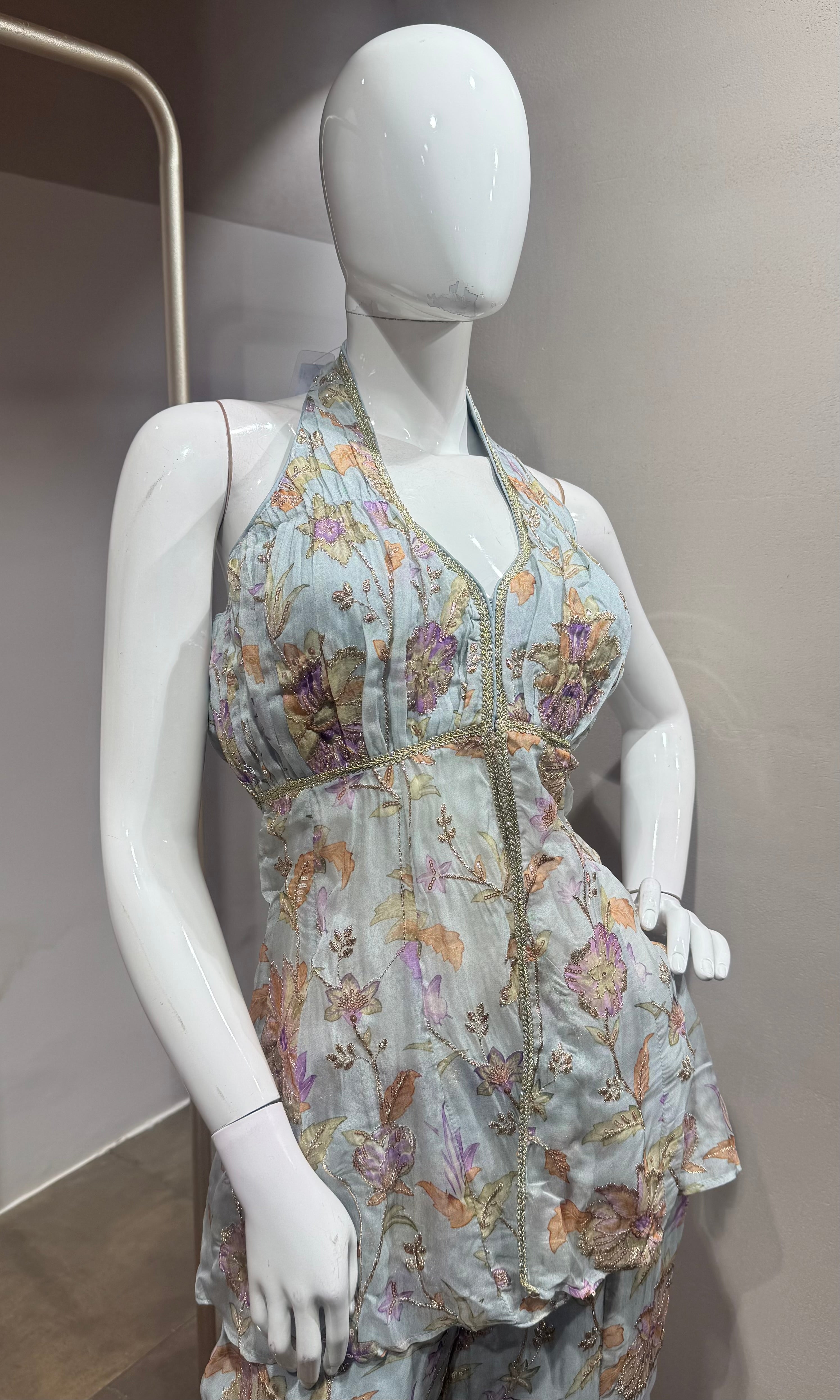 Grey Floral Halter Peplum palazzo Set