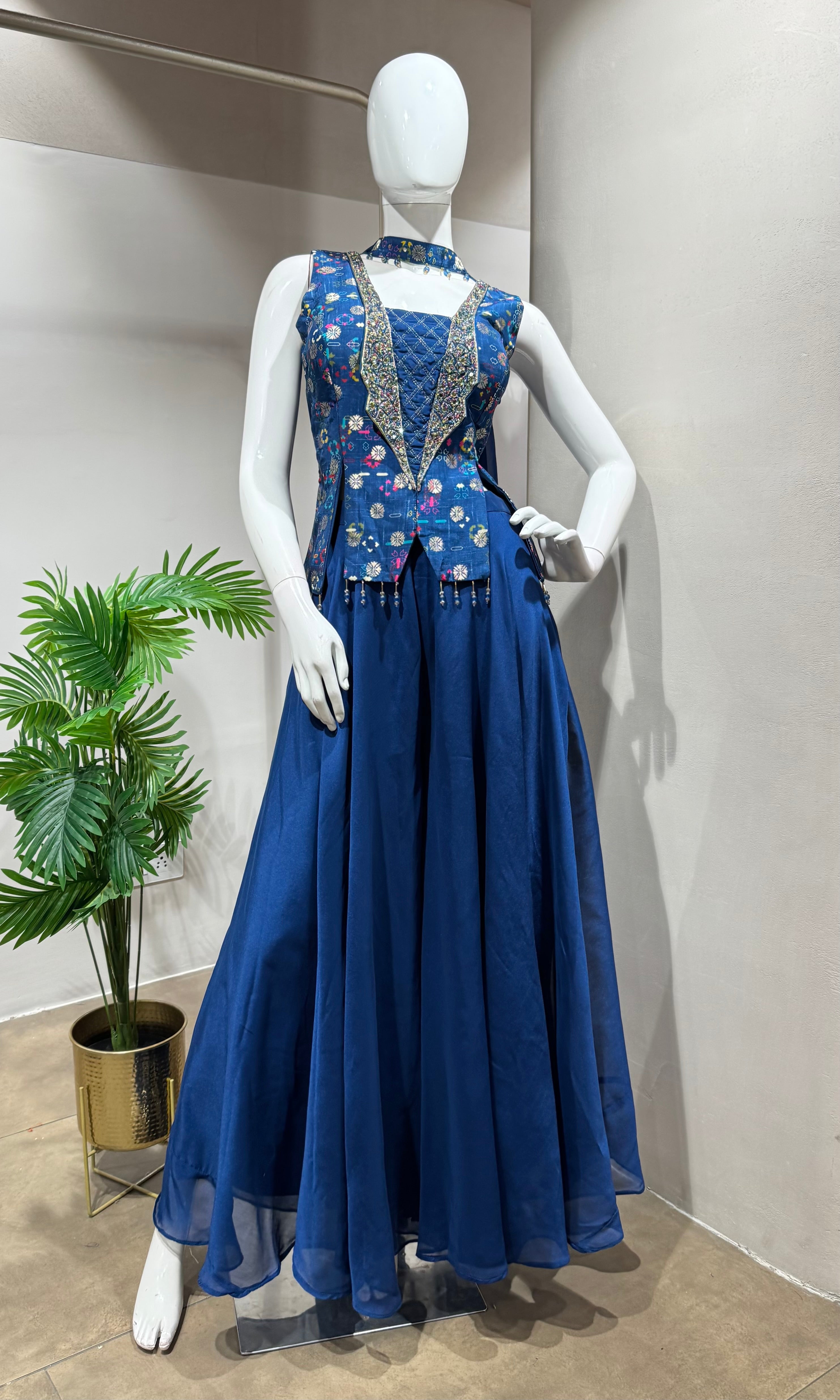 BLUE Embellished Jacket Style PALAZZO SET