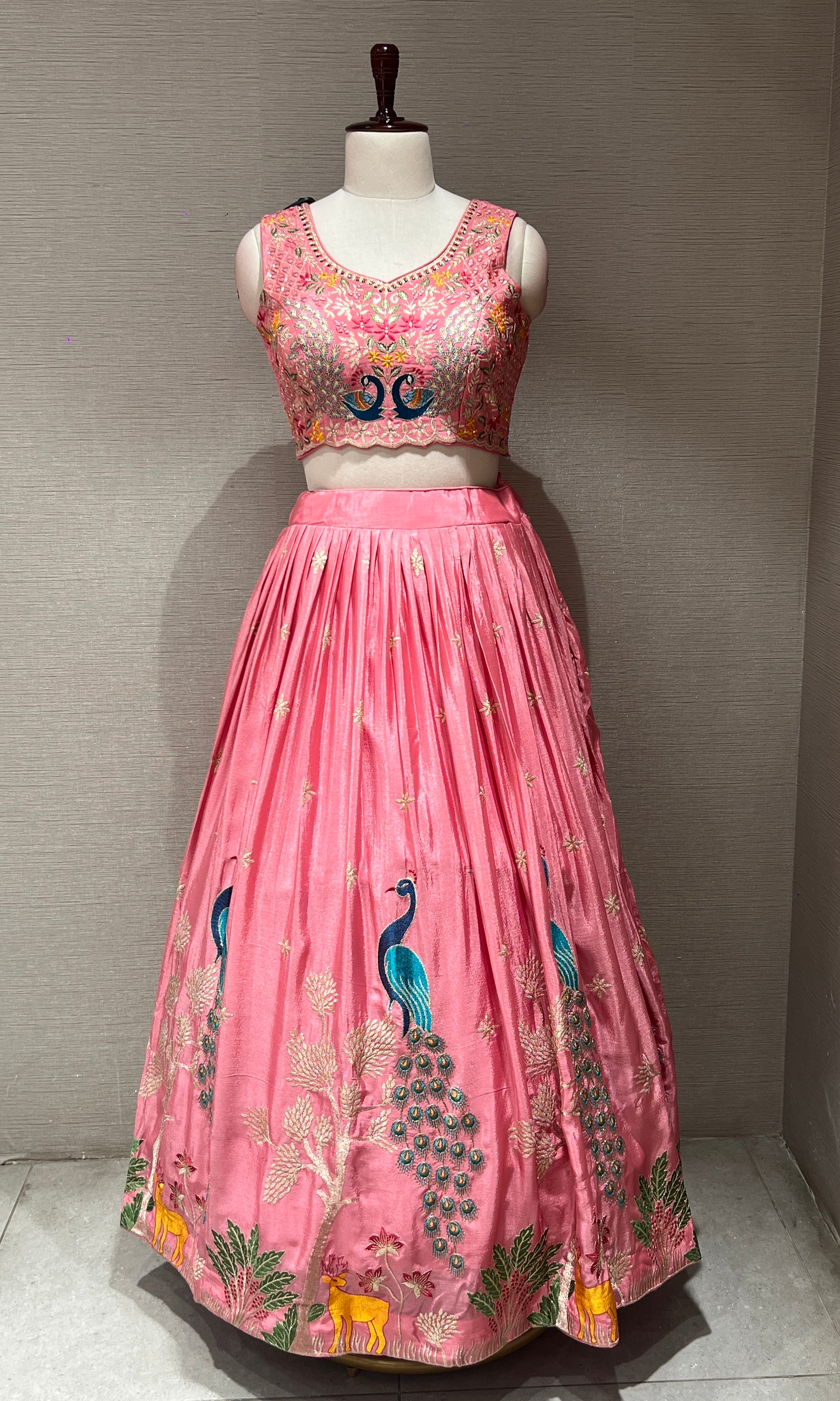 rose pink lehenga with peacock design