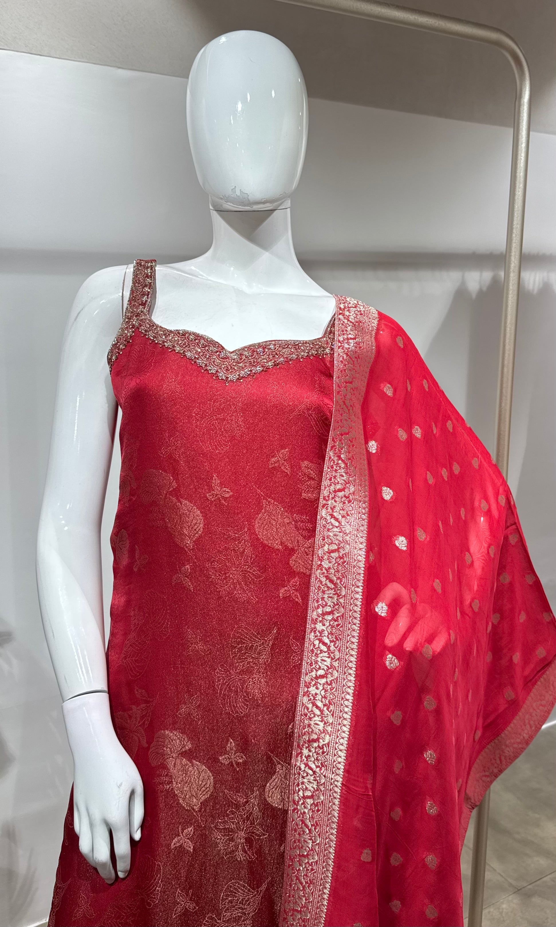 Rani Pink Banarasi Silk Straight Kurta Set