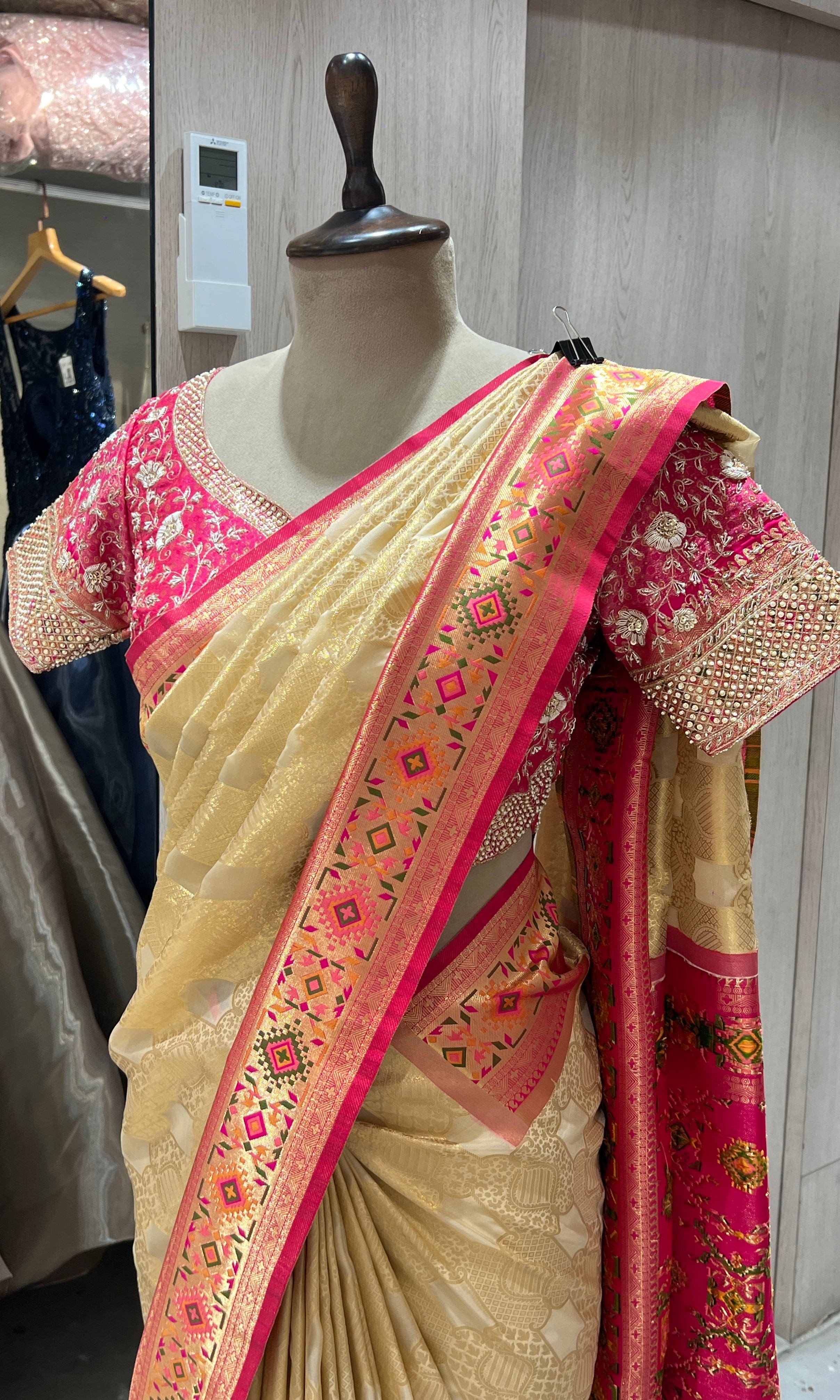 pink and gold kanjivaram saree with blouse