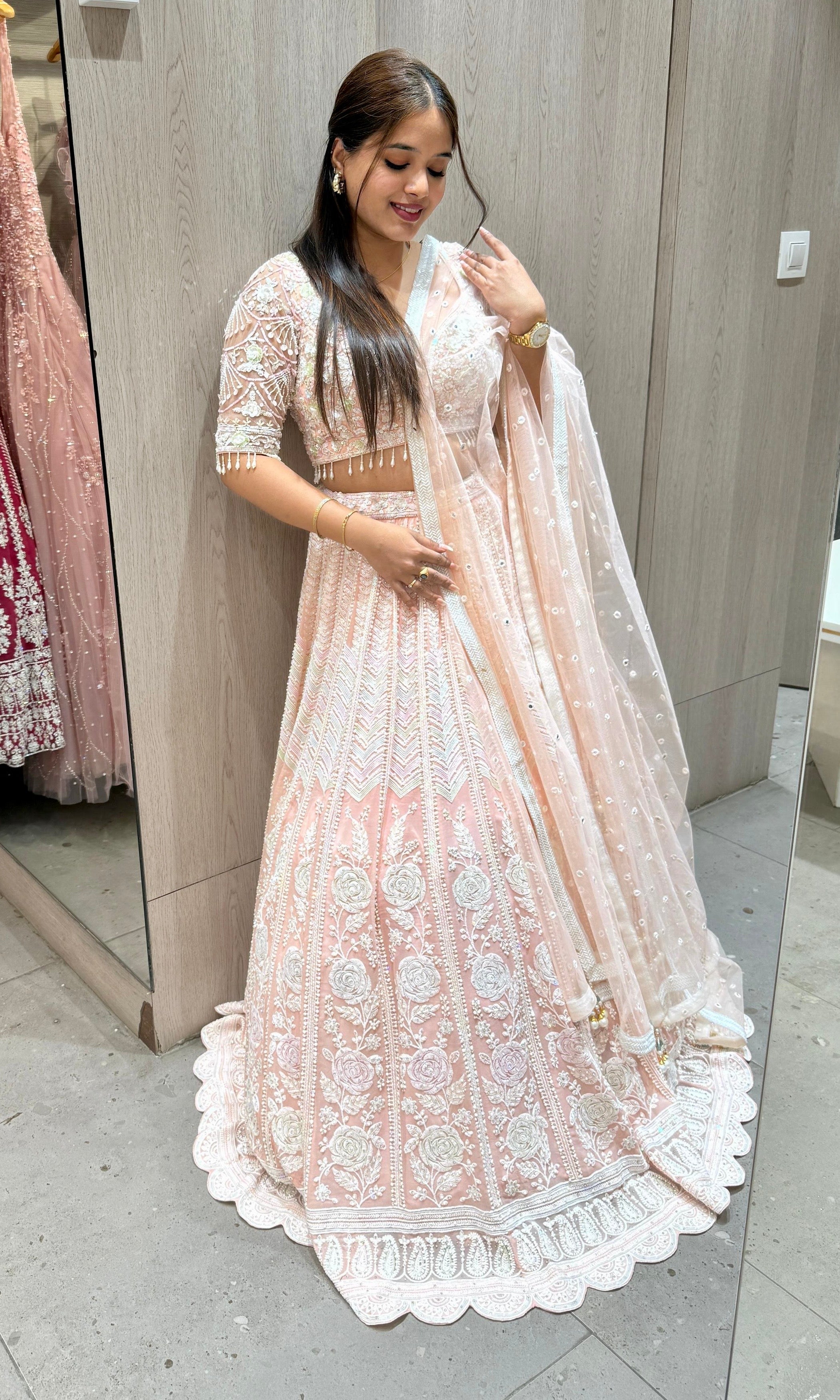 Peach and White Roses Pearl Georgette Lehenga