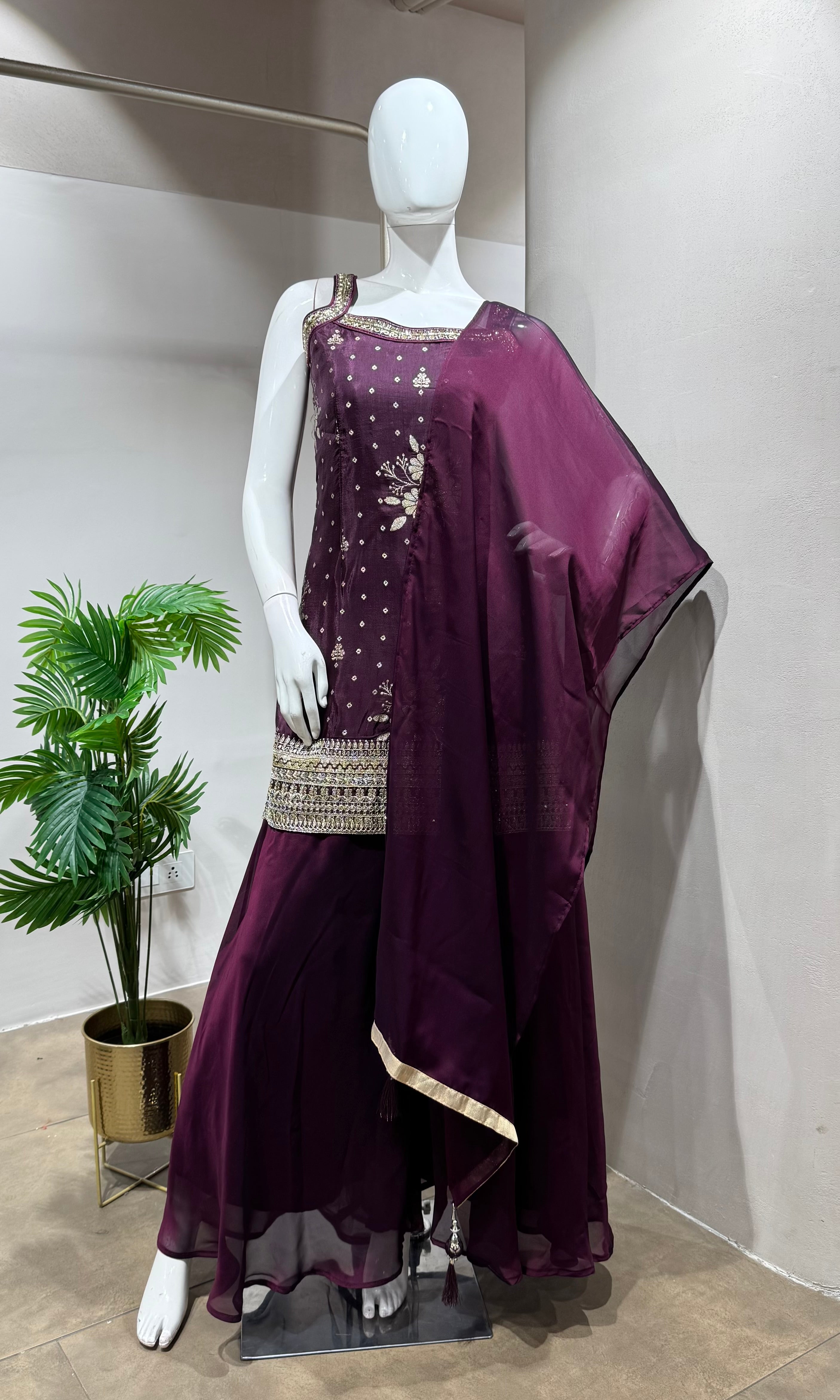 Wine Embroidered Georgette Sharara Set