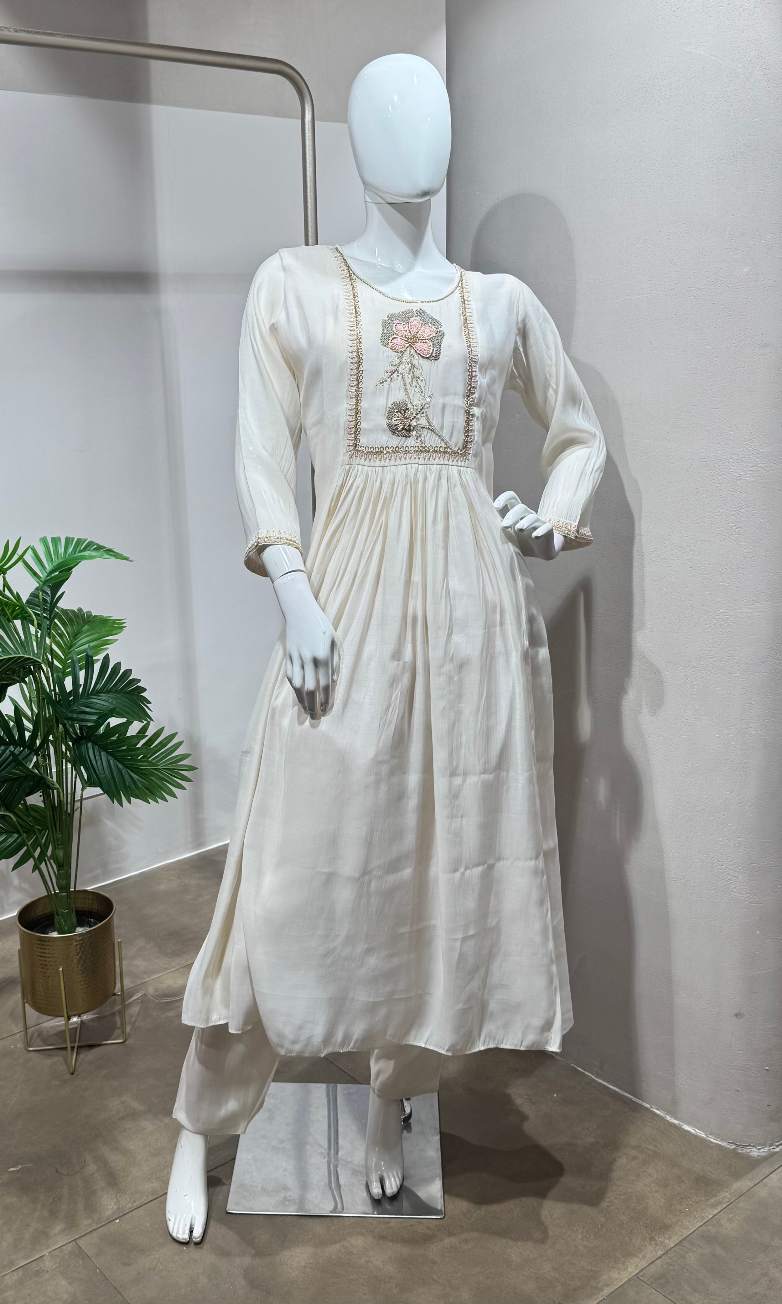 Cream Blossom Floral Embroidered KURTA Set
