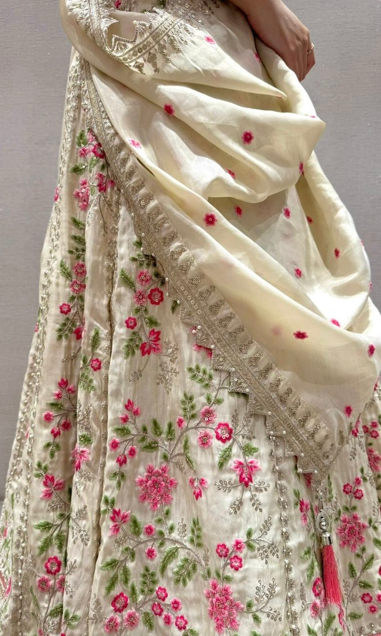 Ivory white cream Floral Embroidered Lehenga