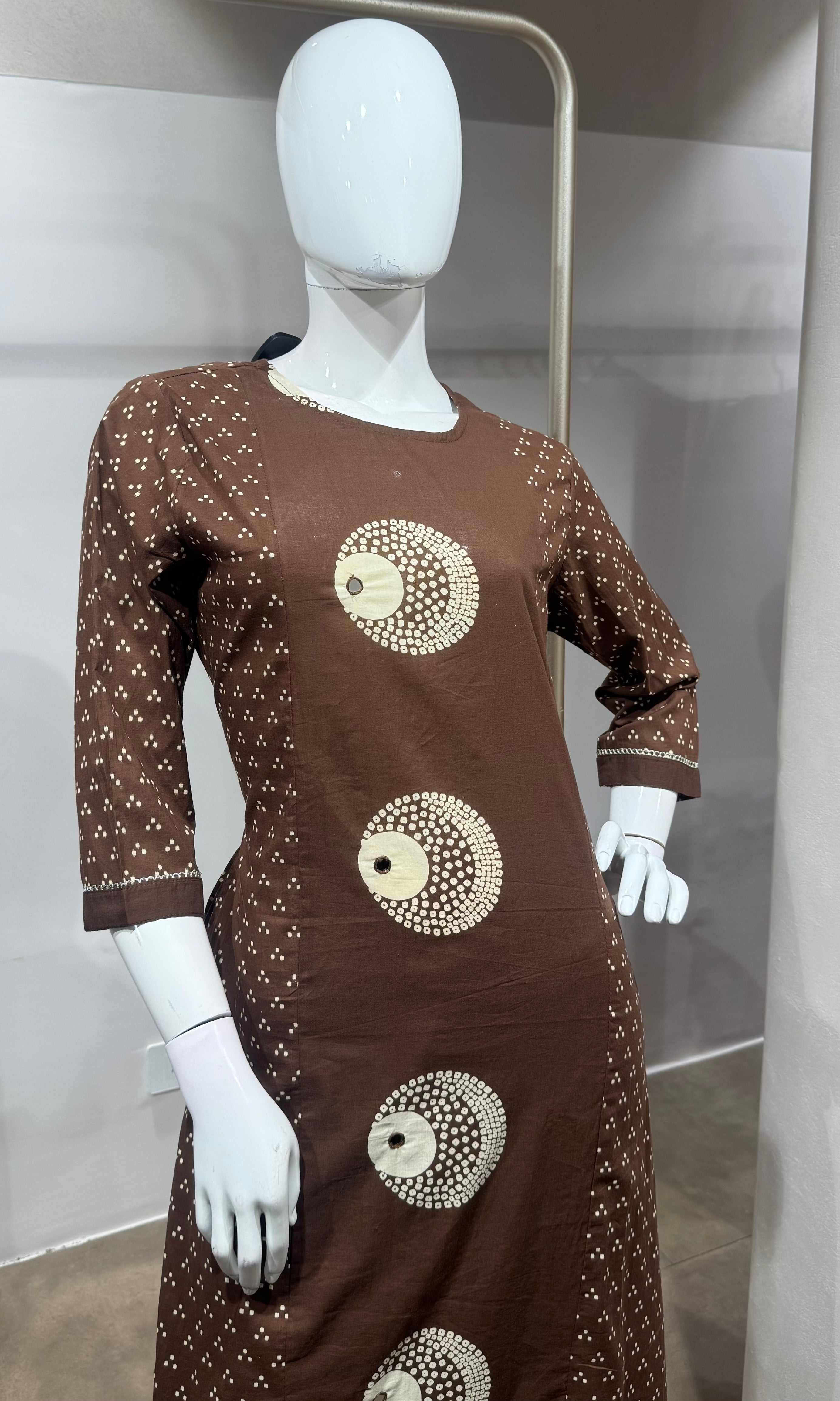 Brown Cotton Bandhani Straight KURTA SET