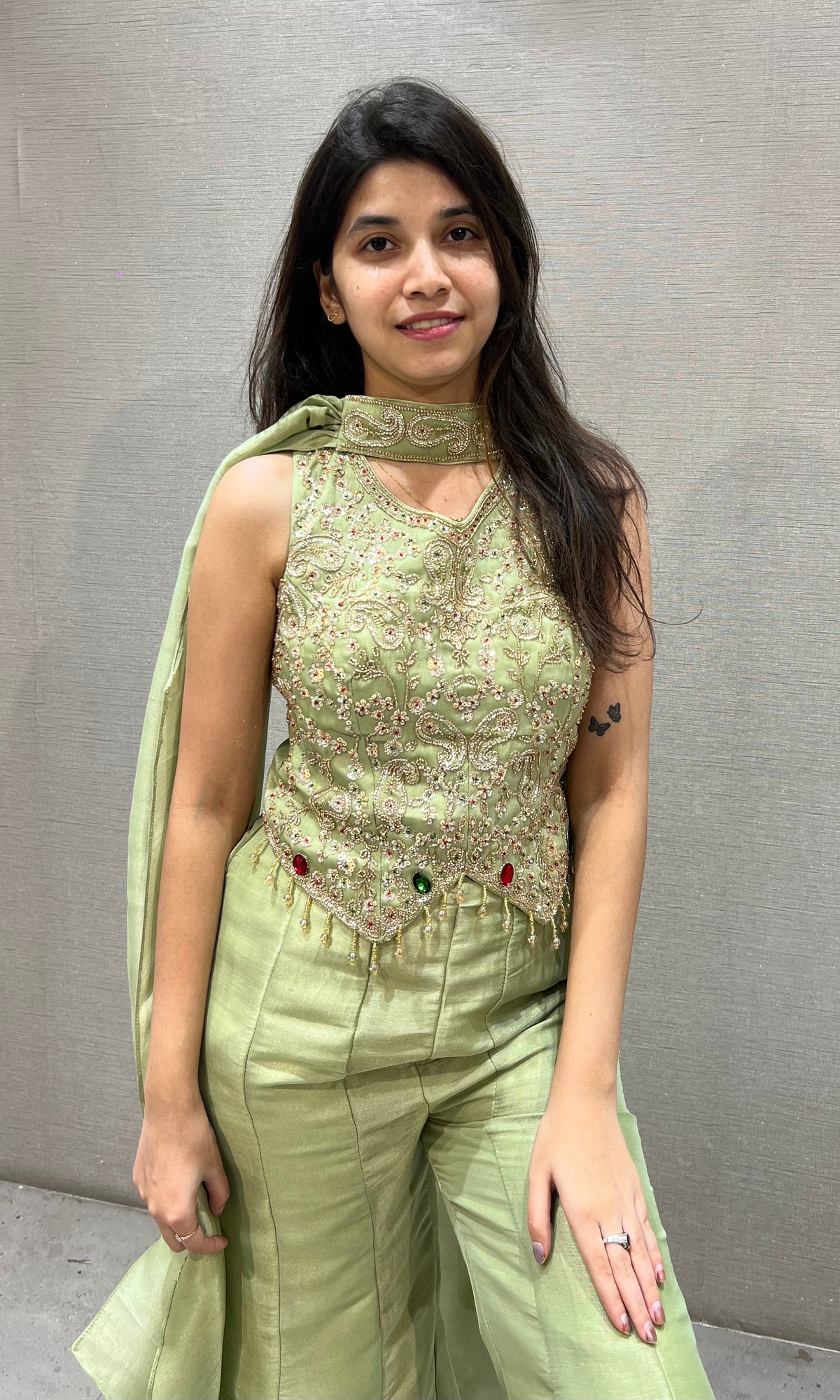 Pista Green shimmer Embellished Palazzo set