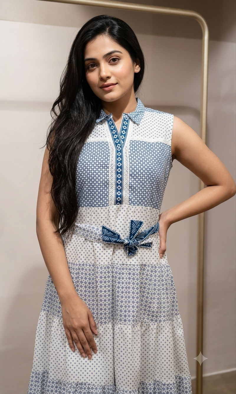 blue and white geometric printed frock