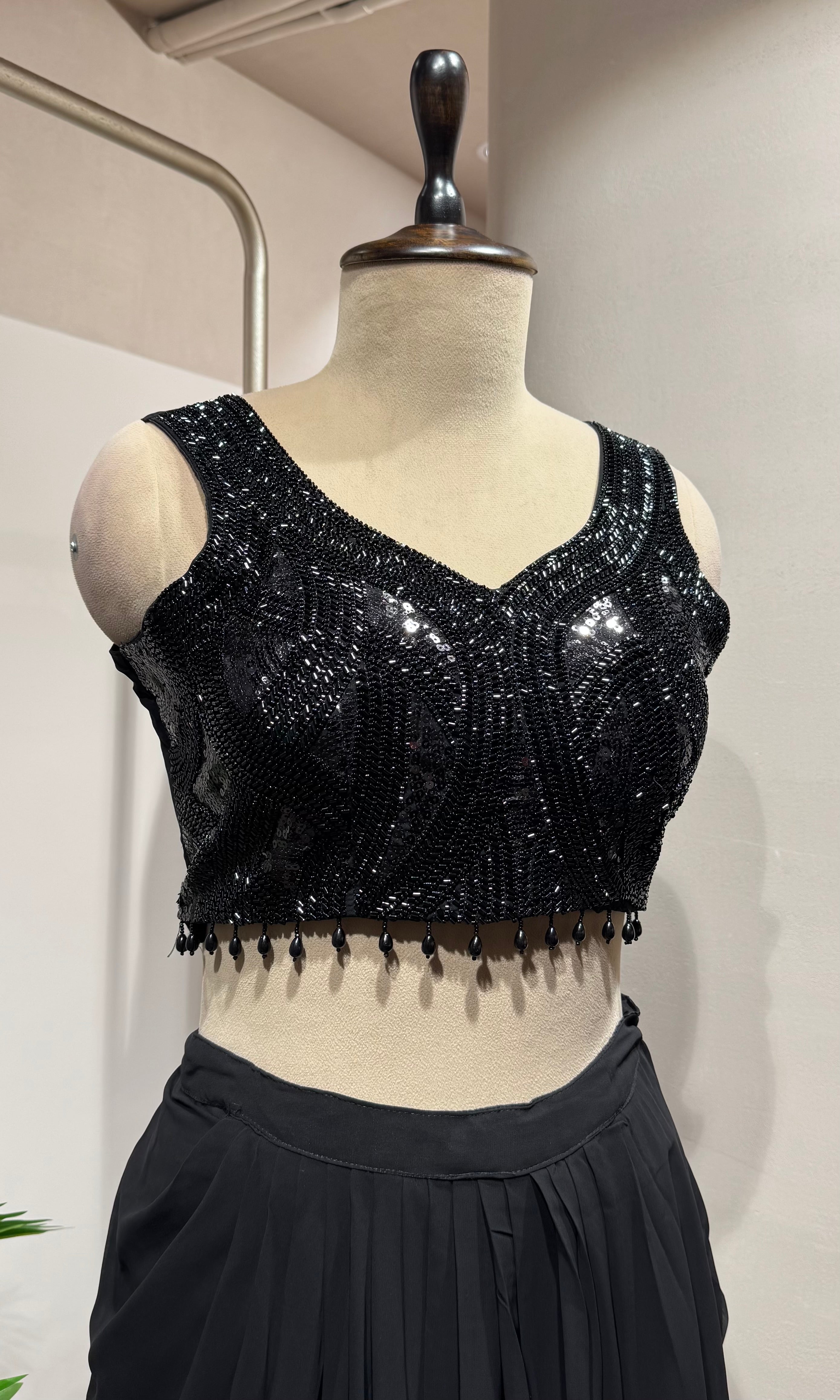 Black Embroidered Georgette Draped Skirt