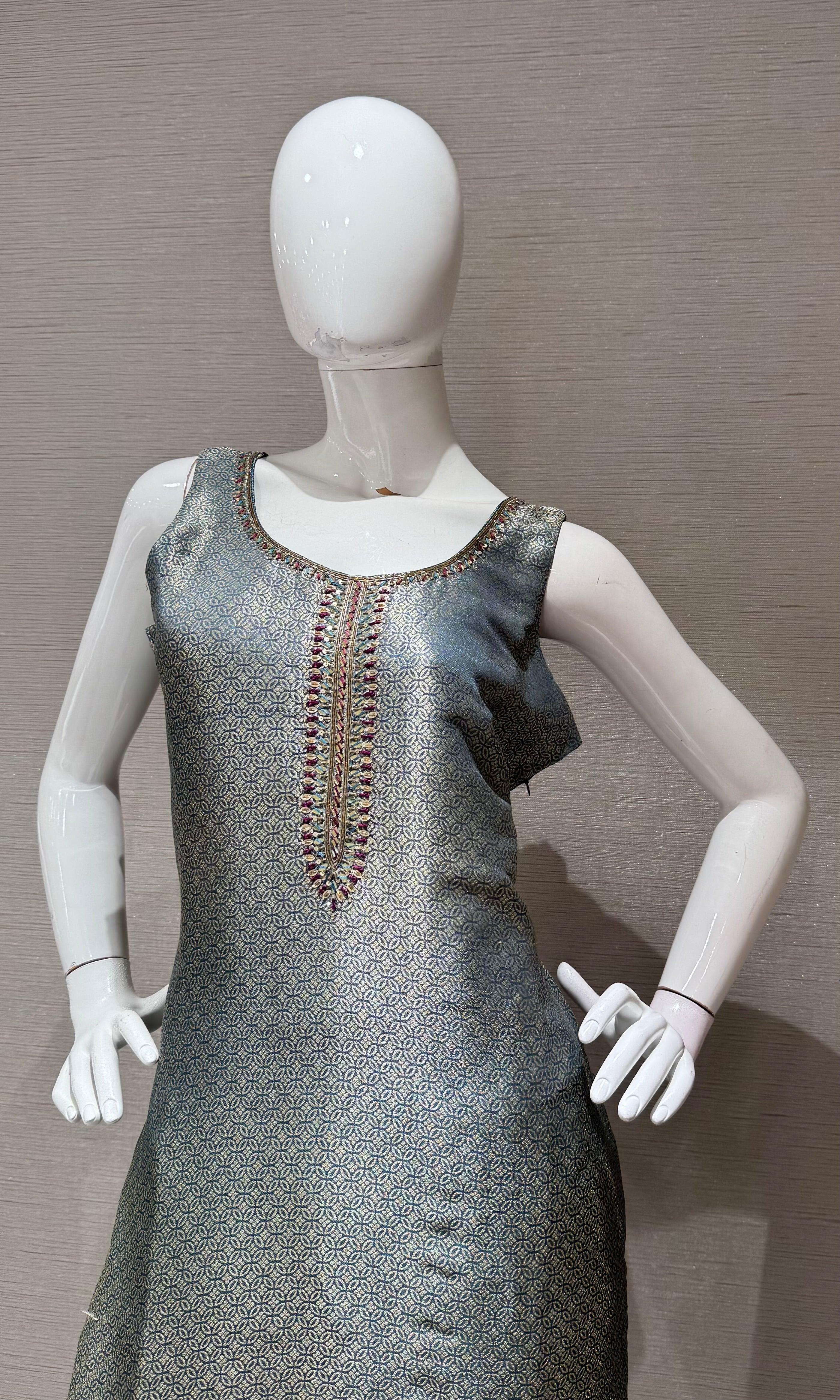 Muted Blue Printed Tunic with Zari Dupatta