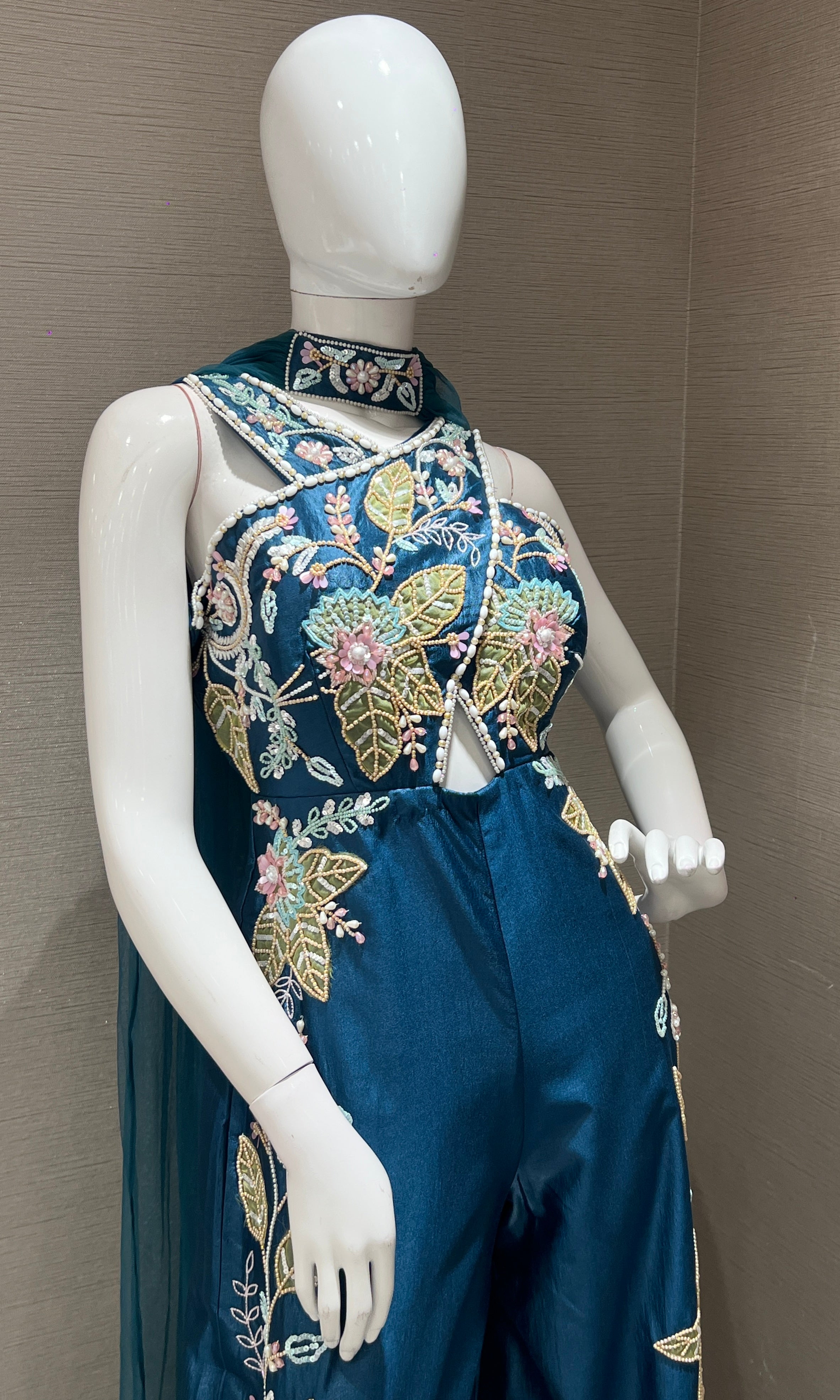 Teal blue Halter embellished jumpsuit