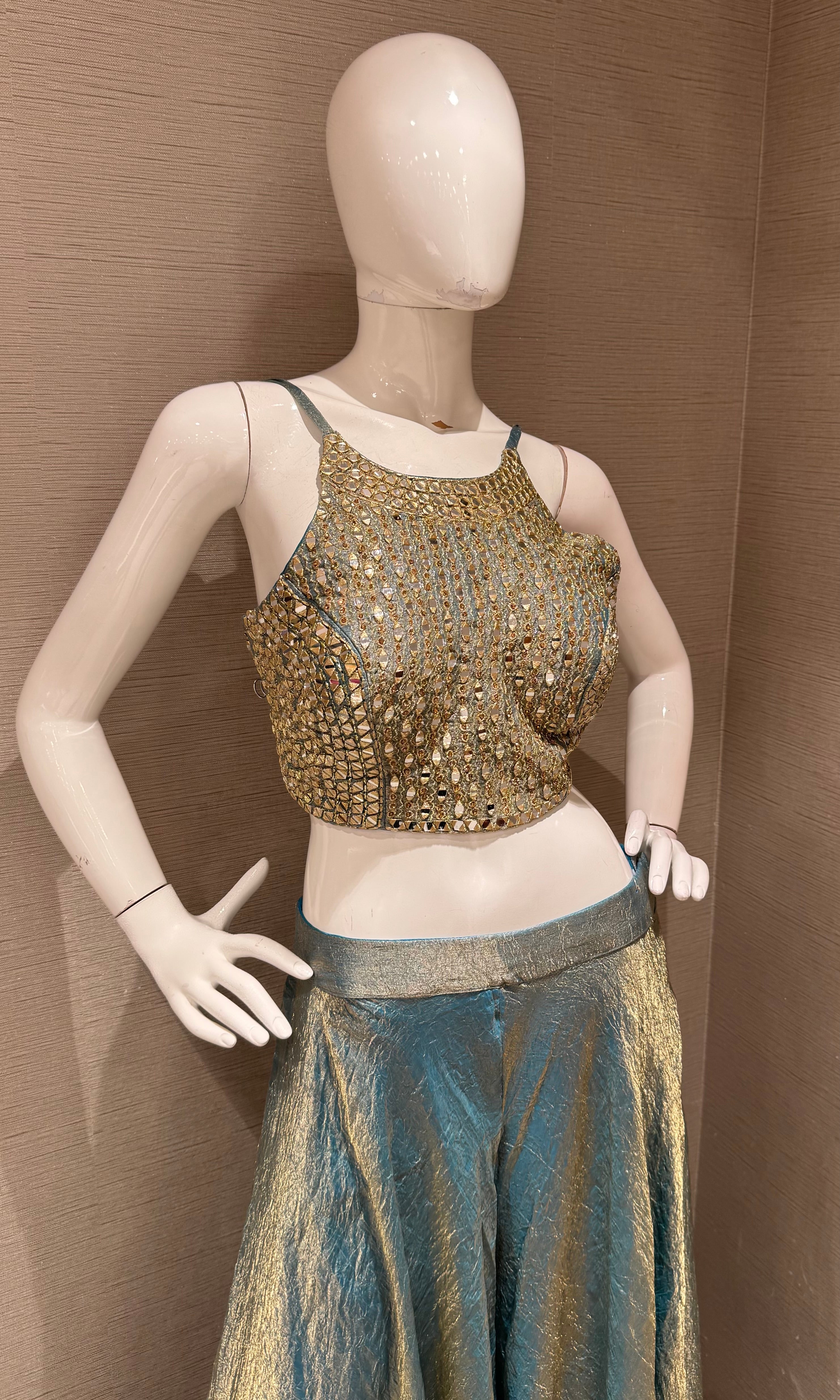 Blue Shimmer palazzo set with golden ethnic blouse