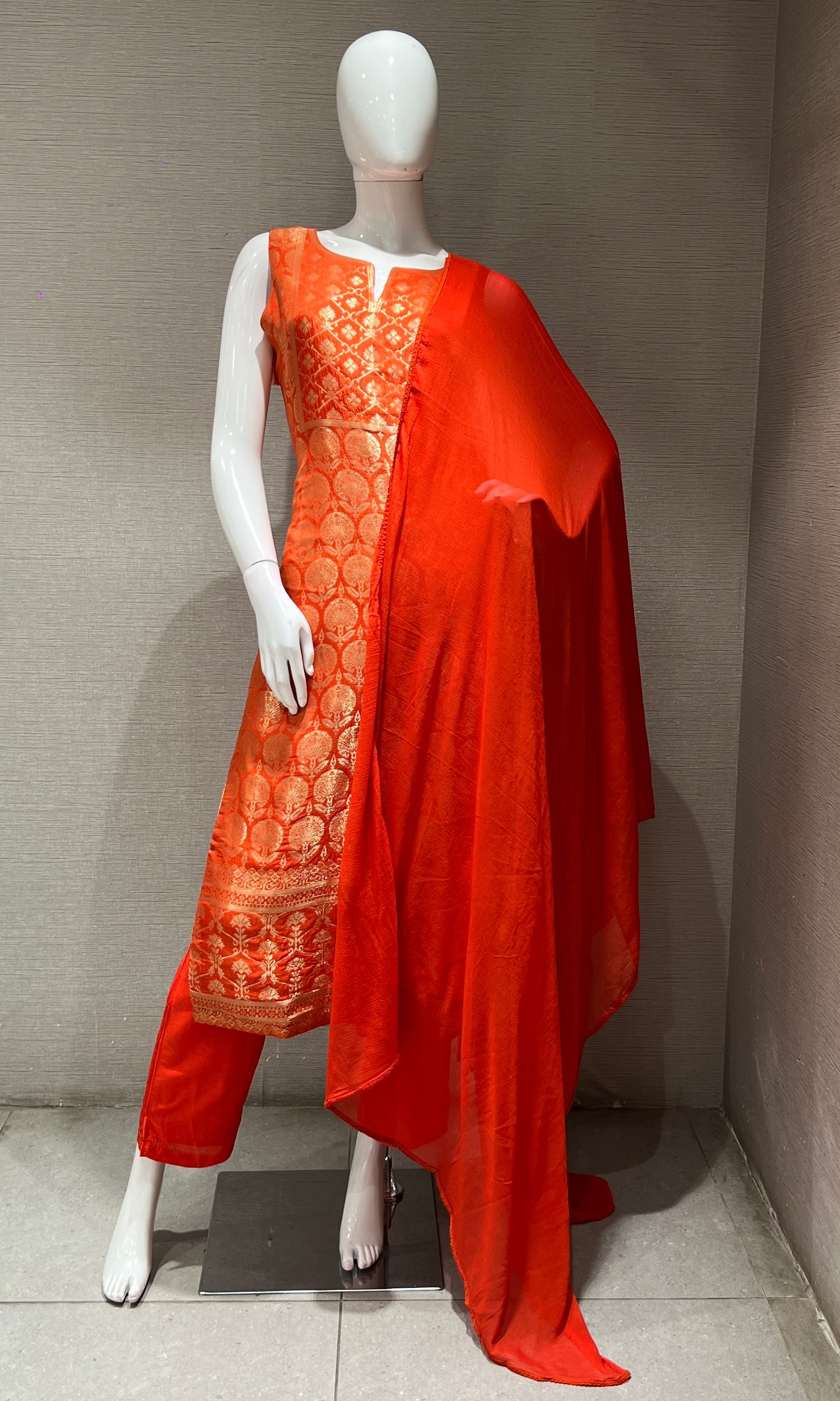 ORANGE Silk KURTA SET with Golden Embroidery