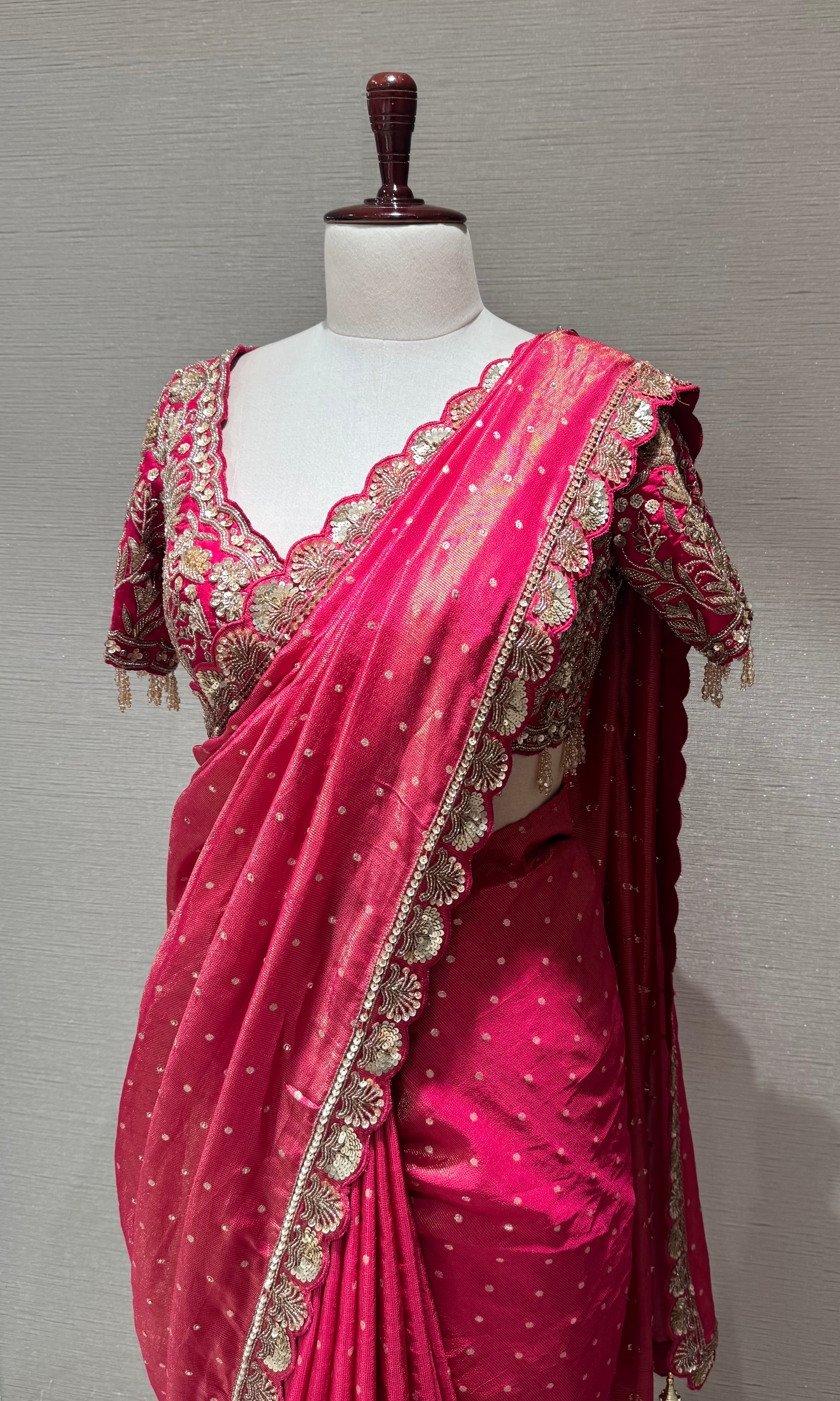 Pink Bandhani Saree with embroidered blouse