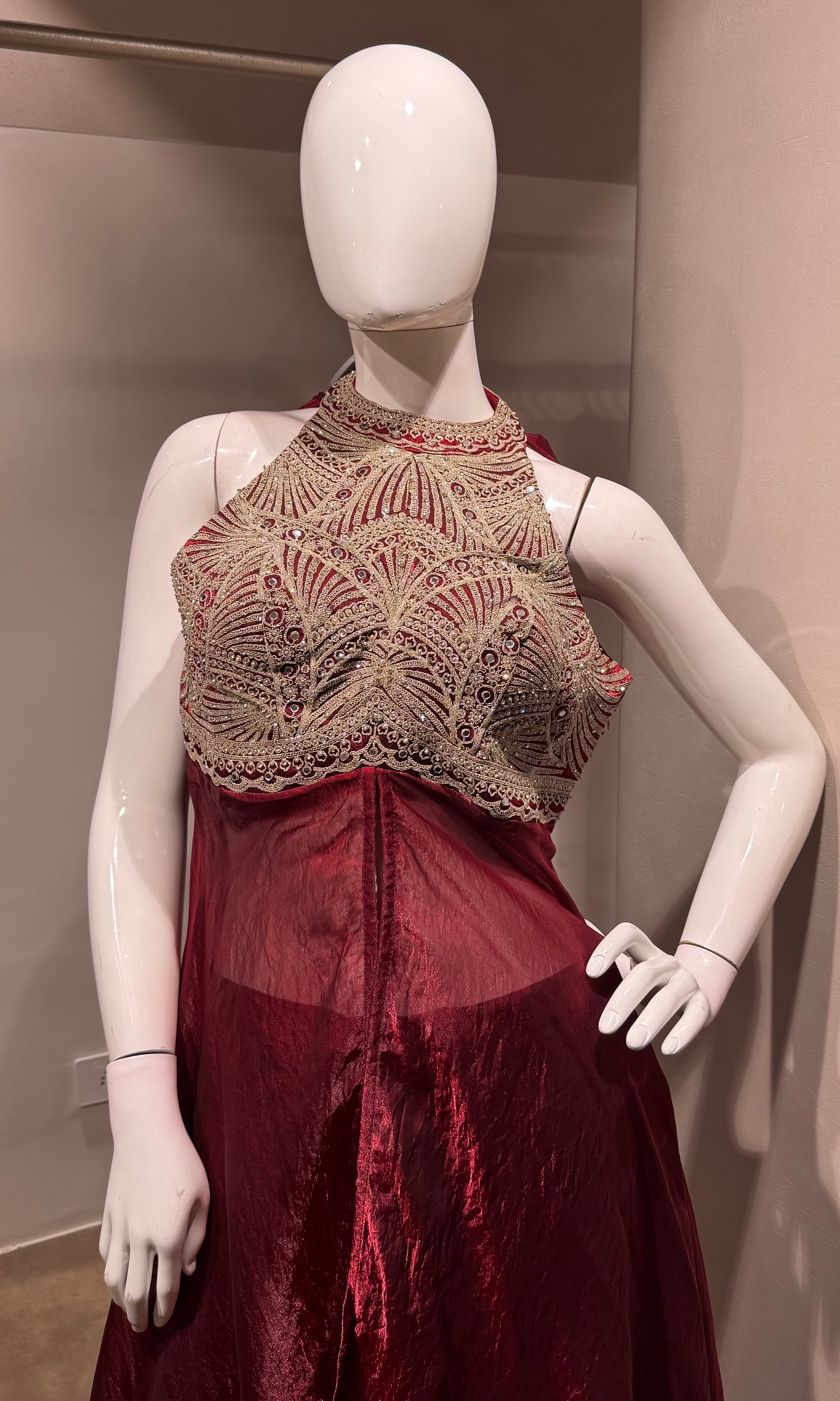 MAROON halter neck embroidered anarkali set