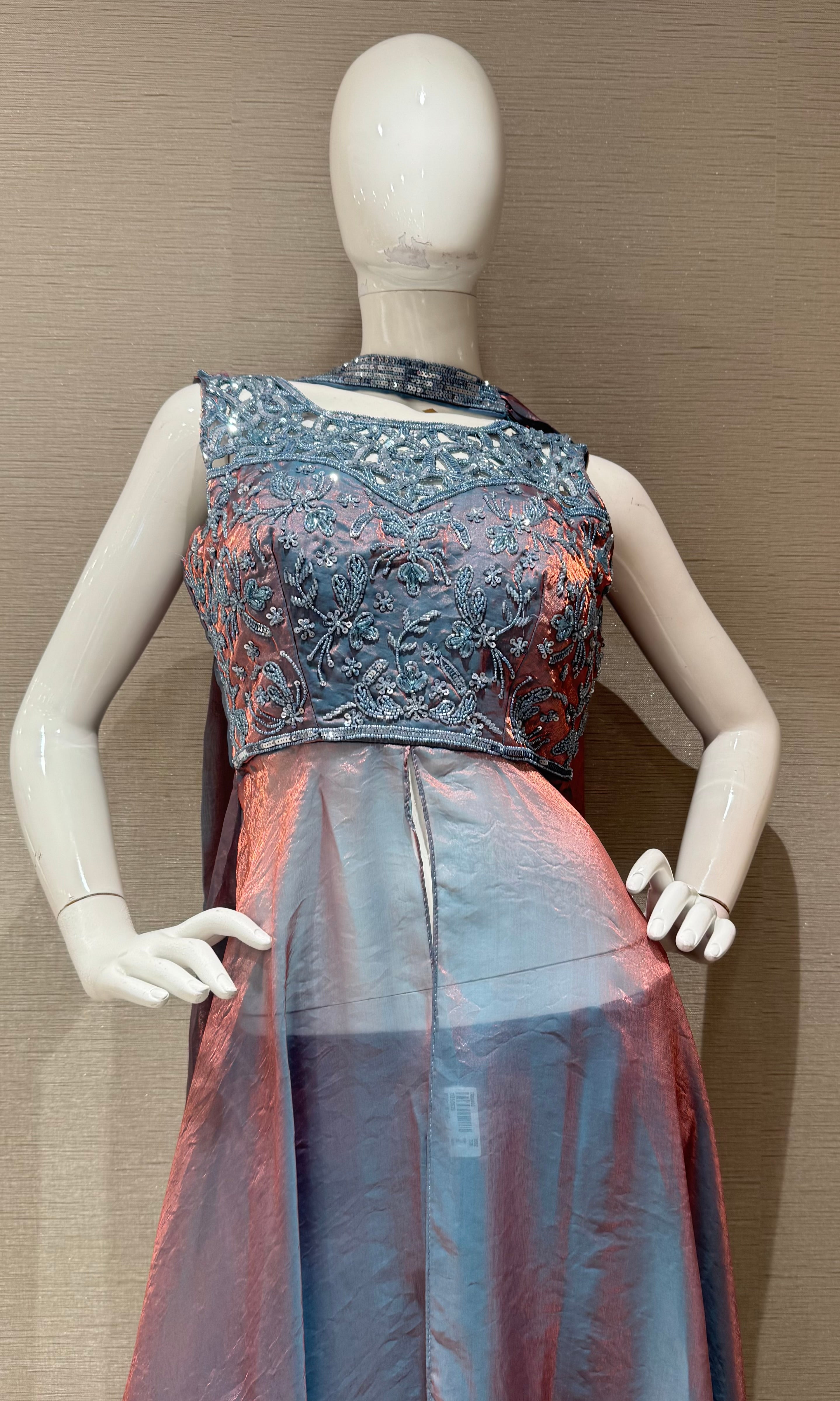 Blue shimmer front slit anarkali palazzo set