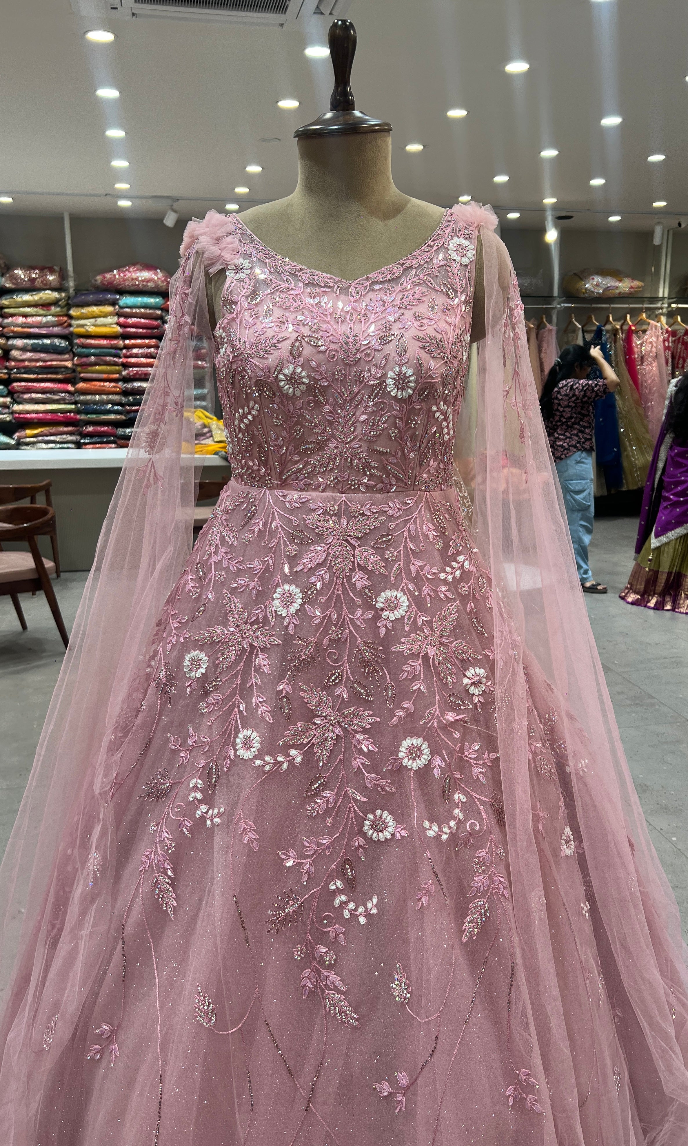 BUBBLEGUM piNK CRYSTAL EMBROIDERY NET GOWN
