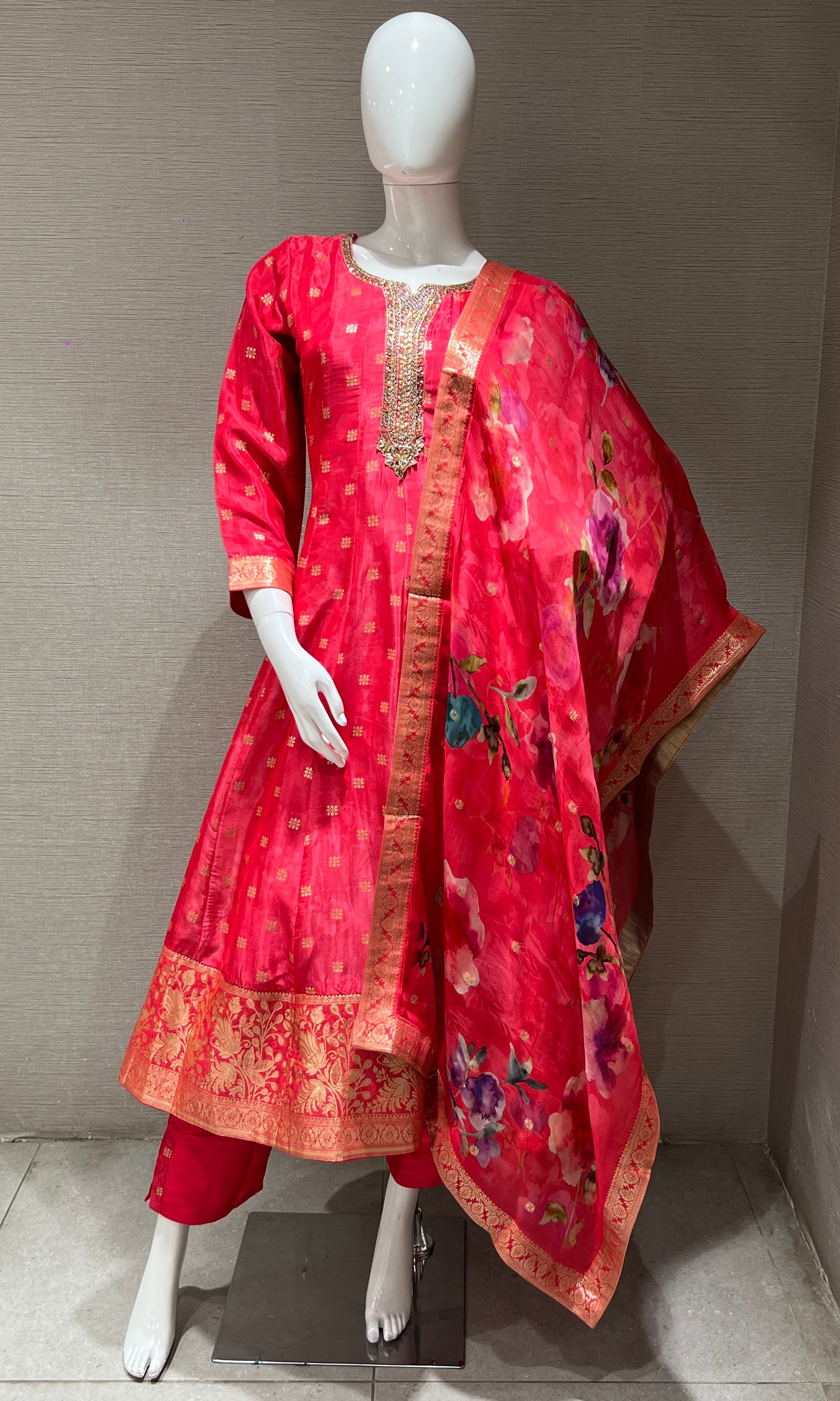 Rani Pink Anarkali with Floral Dupatta