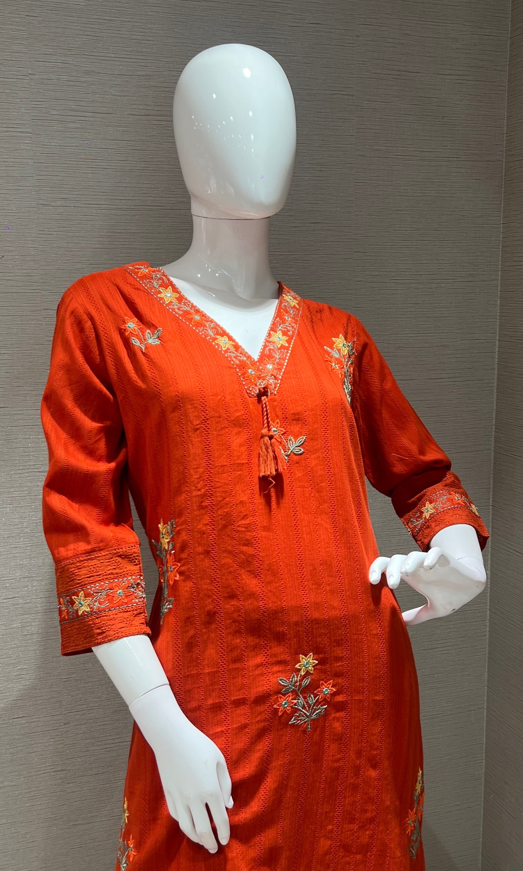 Rust Orange Floral Embroidered Kurta Set