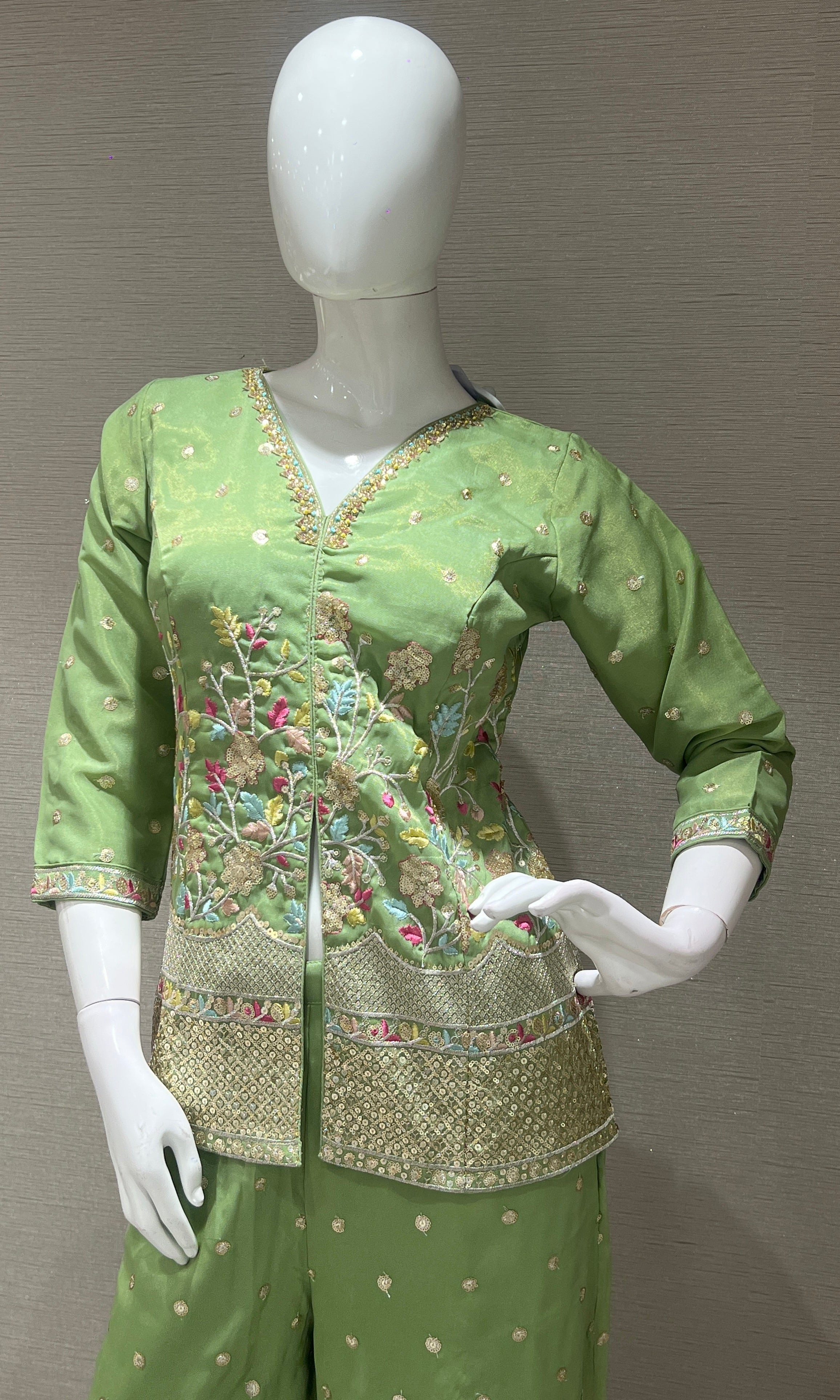Pista Green Floral Embroidered Palazzo set