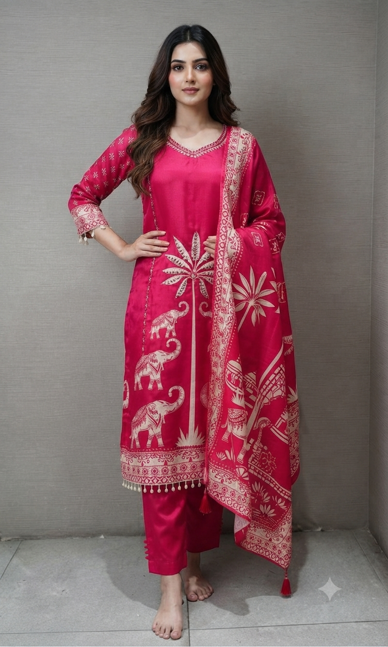 Rani Silk Elephant Motif Kurta Set