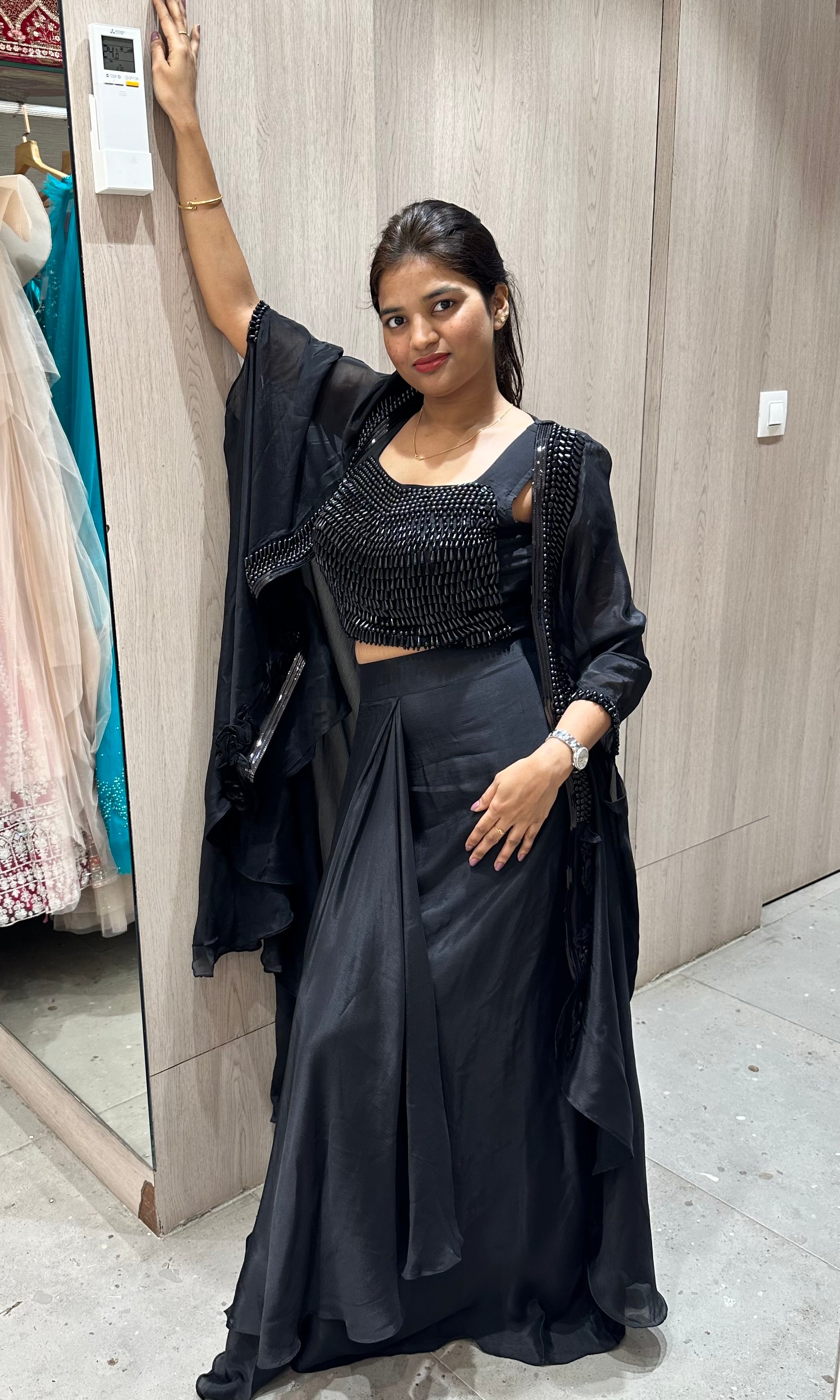 Black 3 piece Indo western long dress, coat crop top skirt