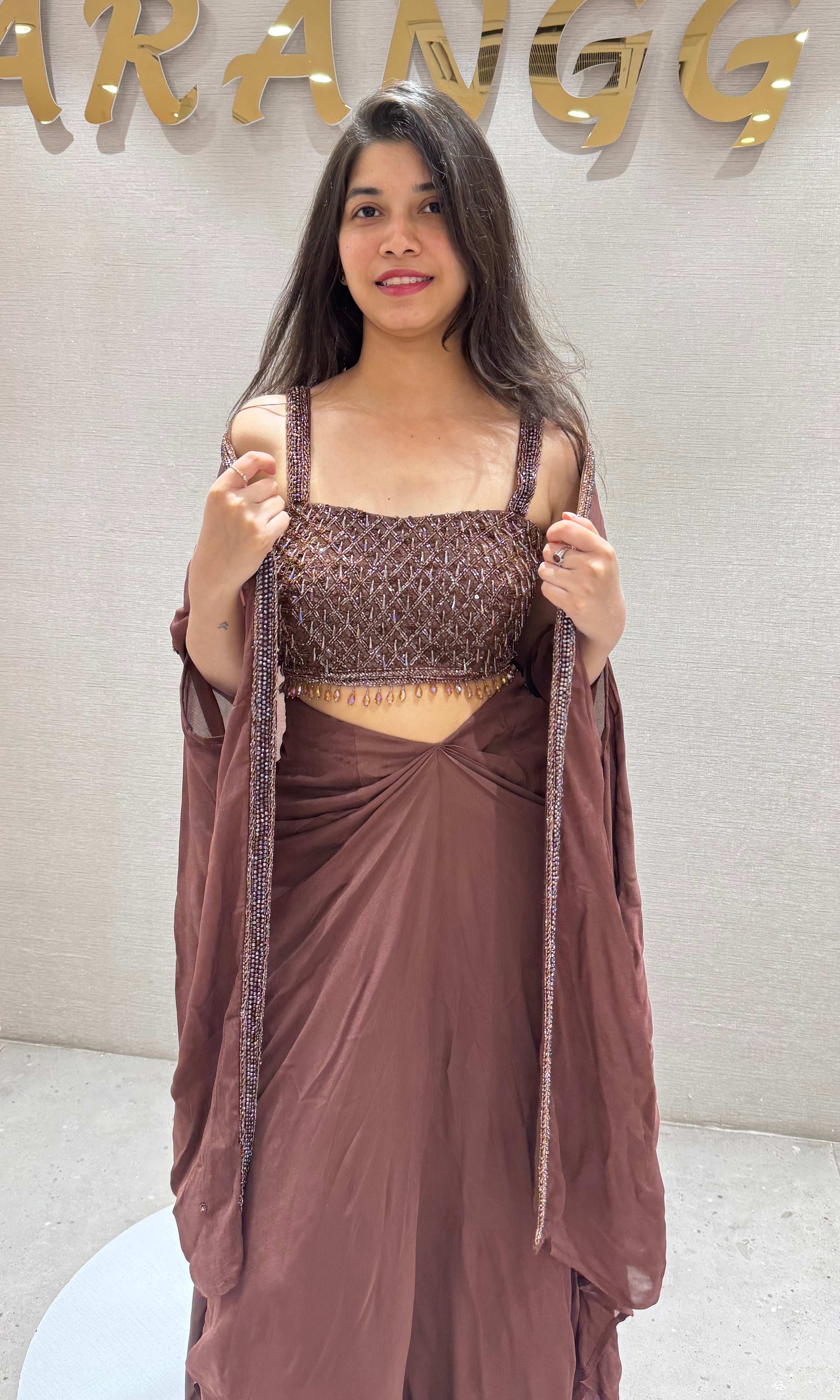 Brown DRAPE SAREE WITH CORSET BLOUSE & CAPE