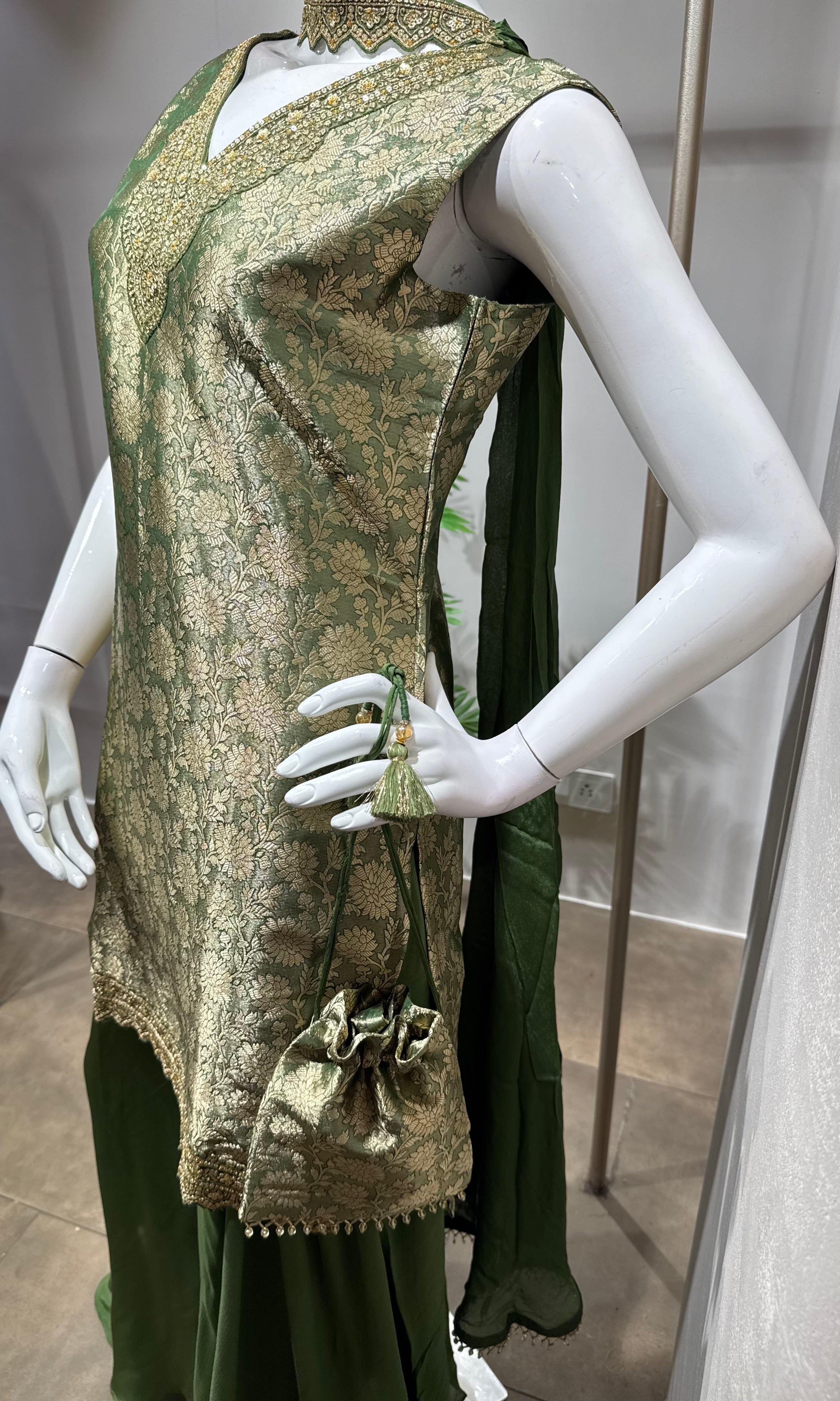 Green Embroidered Silk Sharara Suit With Dupatta