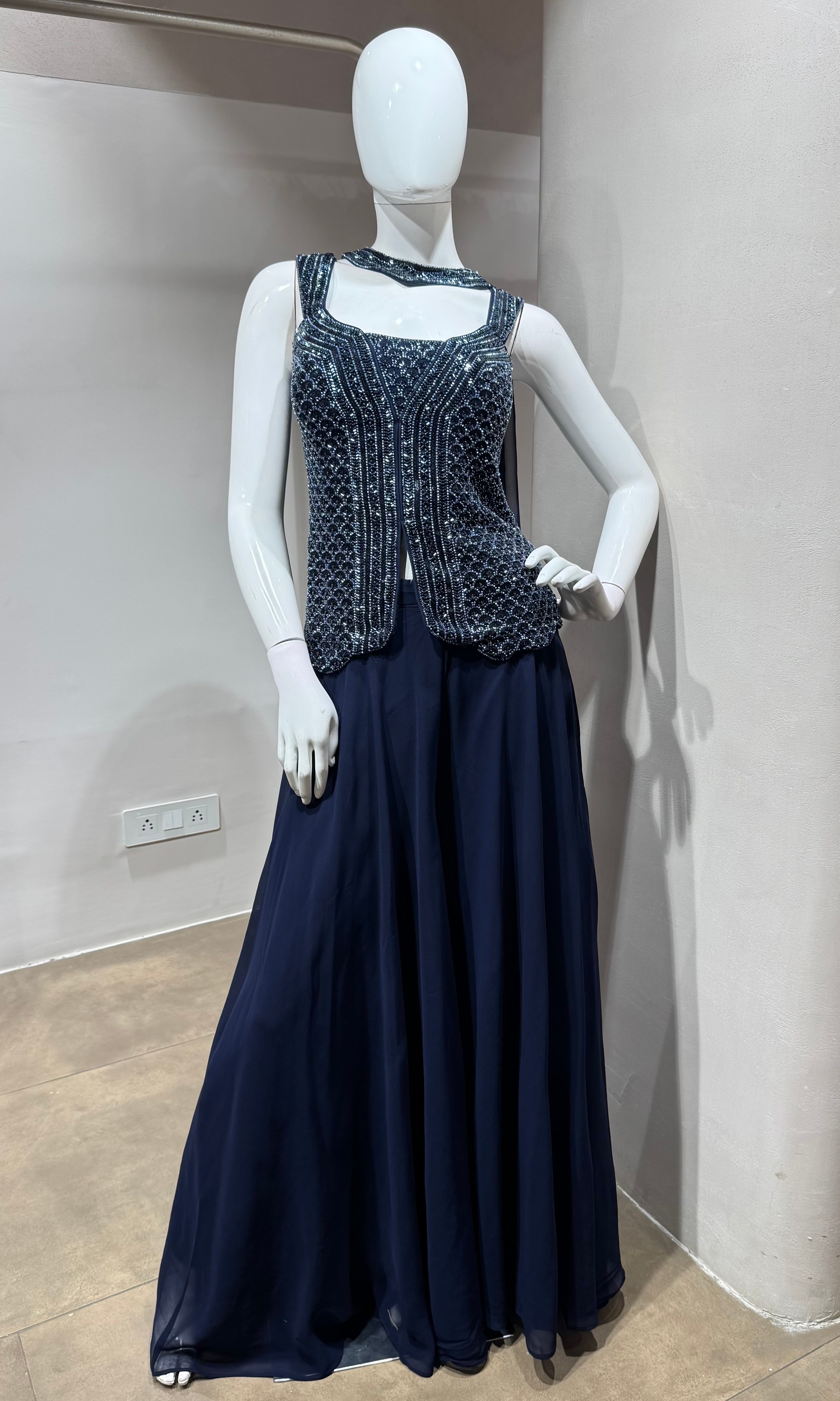 navy blue georgette sequin palazzo set