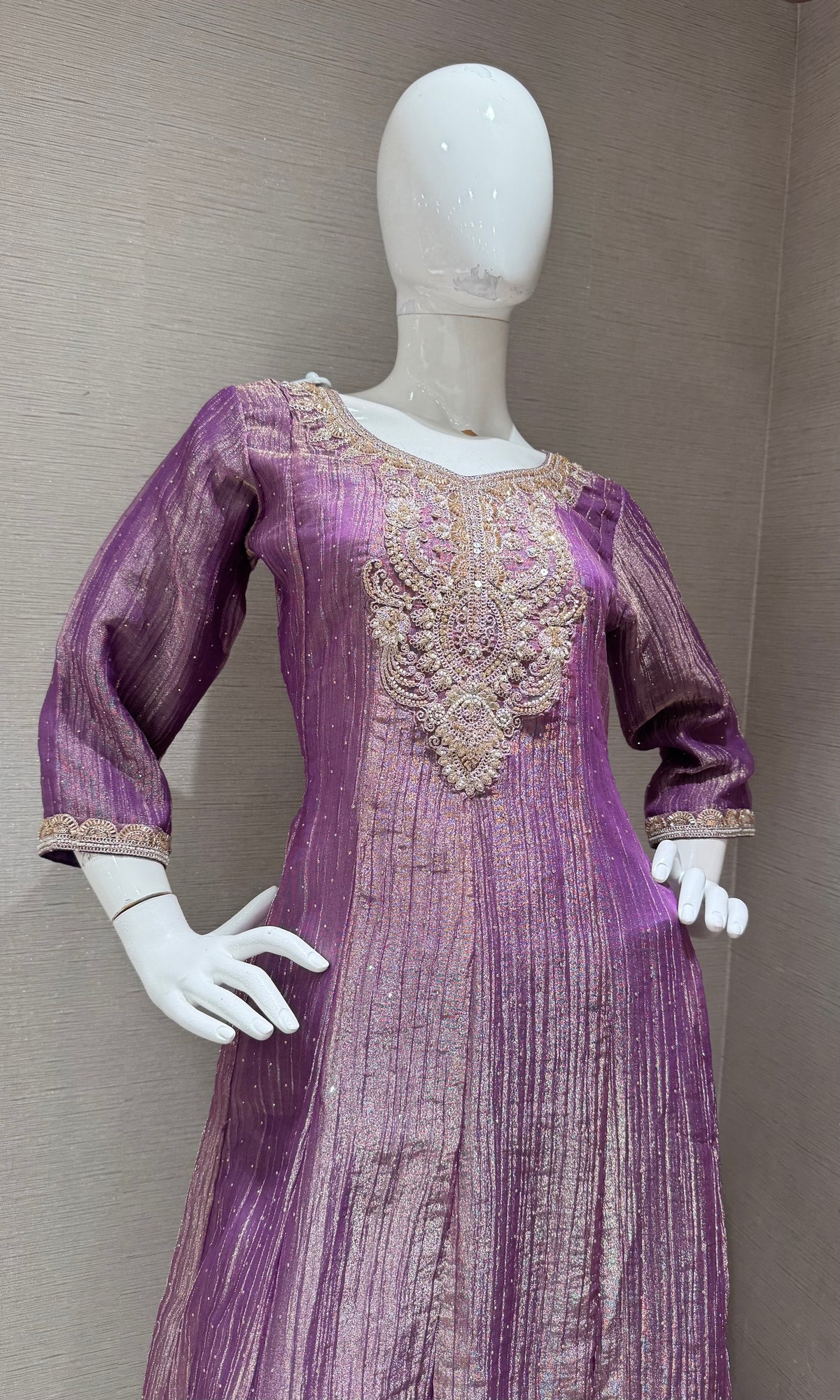 PURPLE TISSUE SILK EMBROIDERED ANARKALI SET WITH DUPATTA