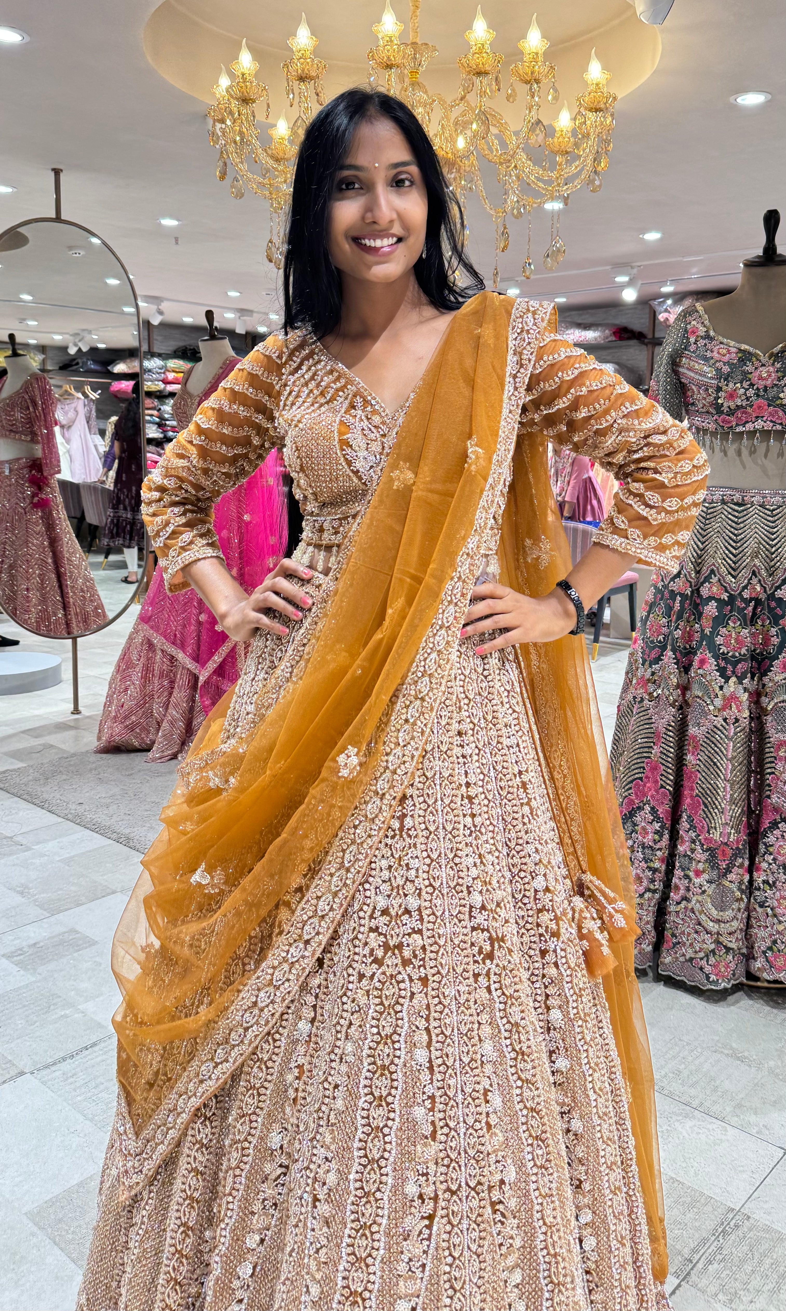 BROWN golden EMBROIDERED lehenga