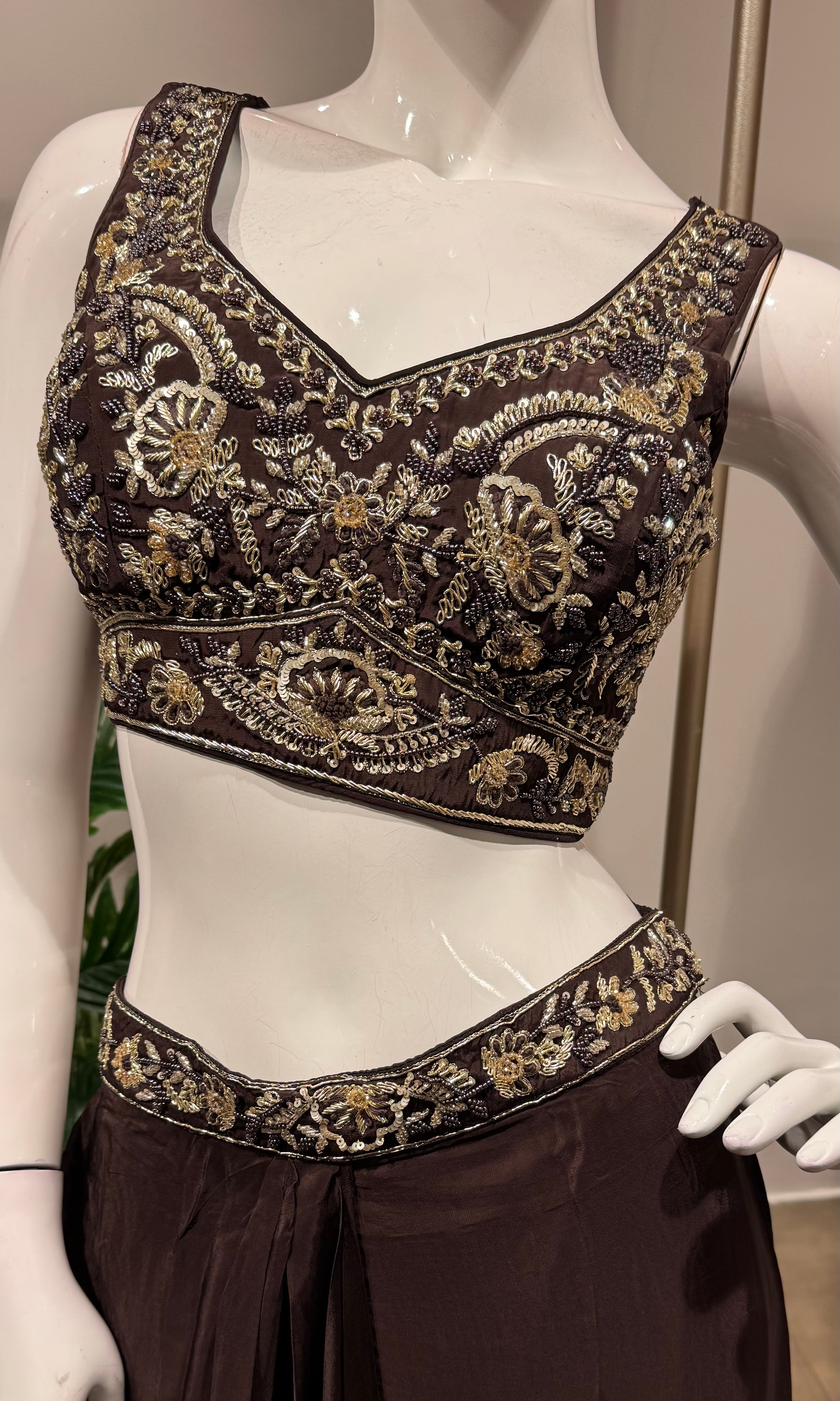 Brown silk drape skirt with cape & crop top