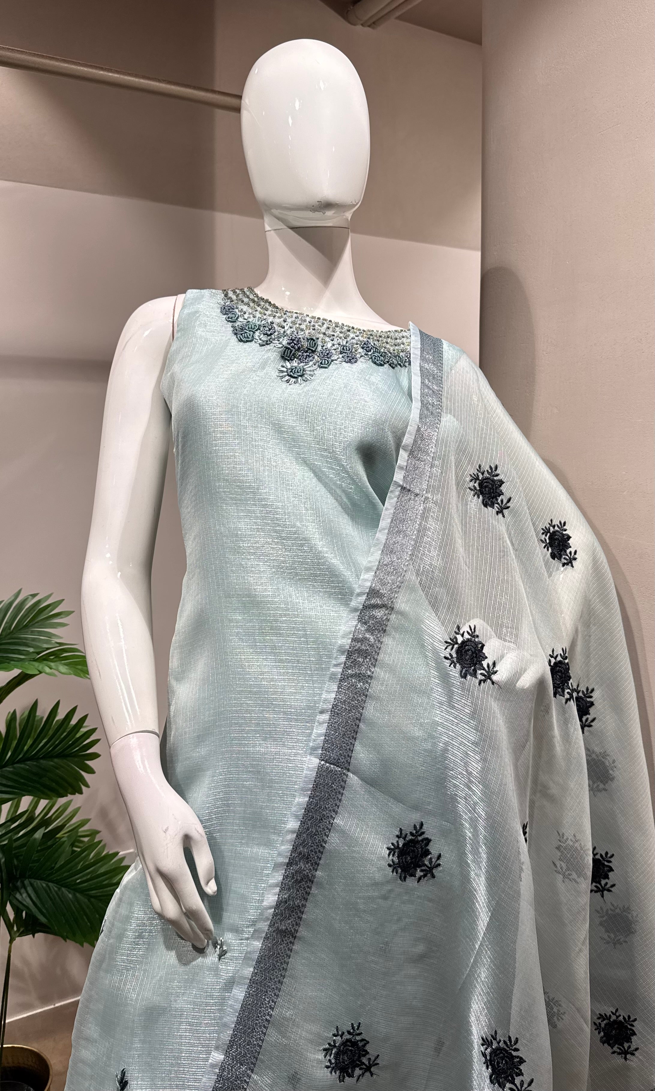 Sea Blue Kota Doria Embroidered KURTA Set