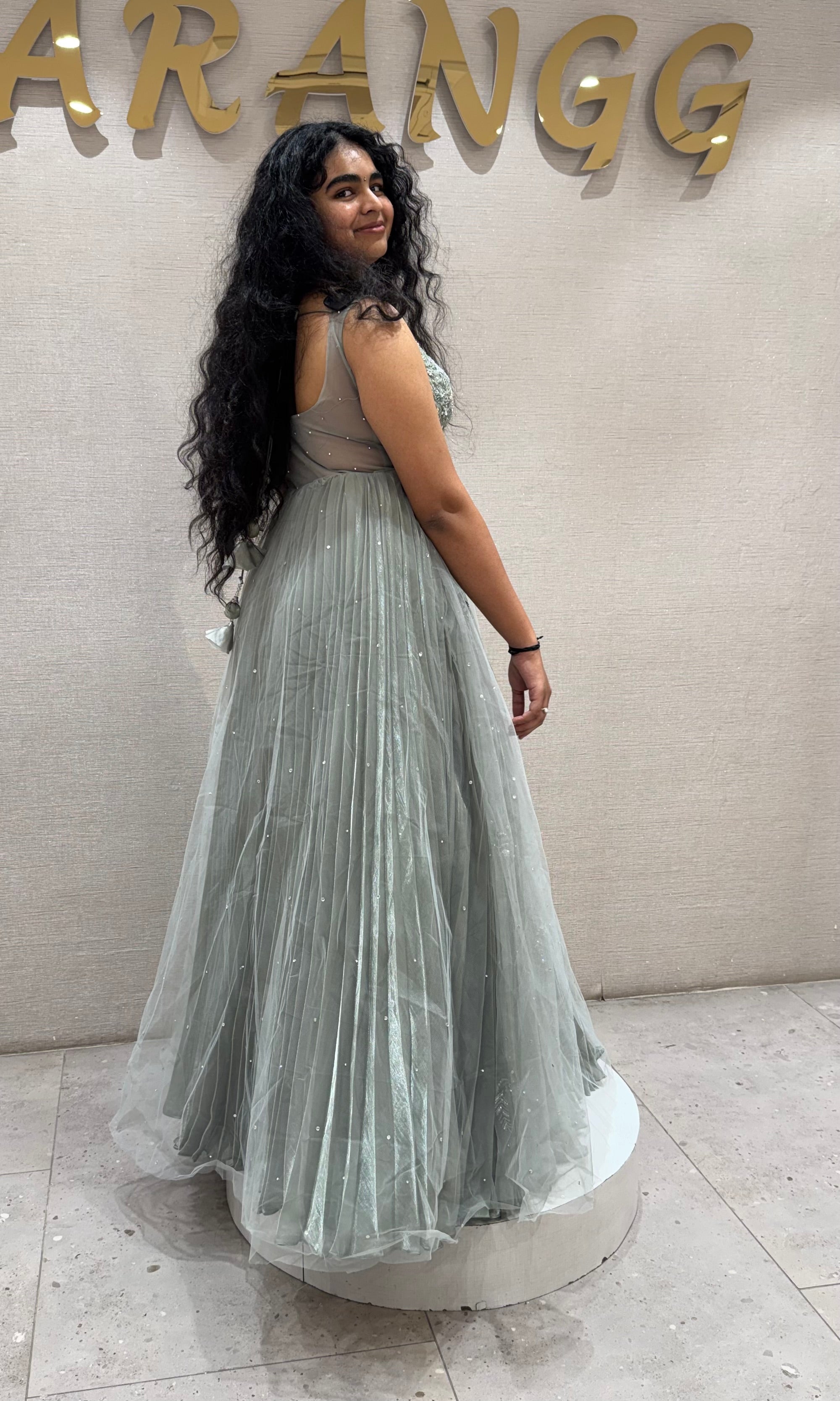 Pastel Green Sage Floral Applique Gown