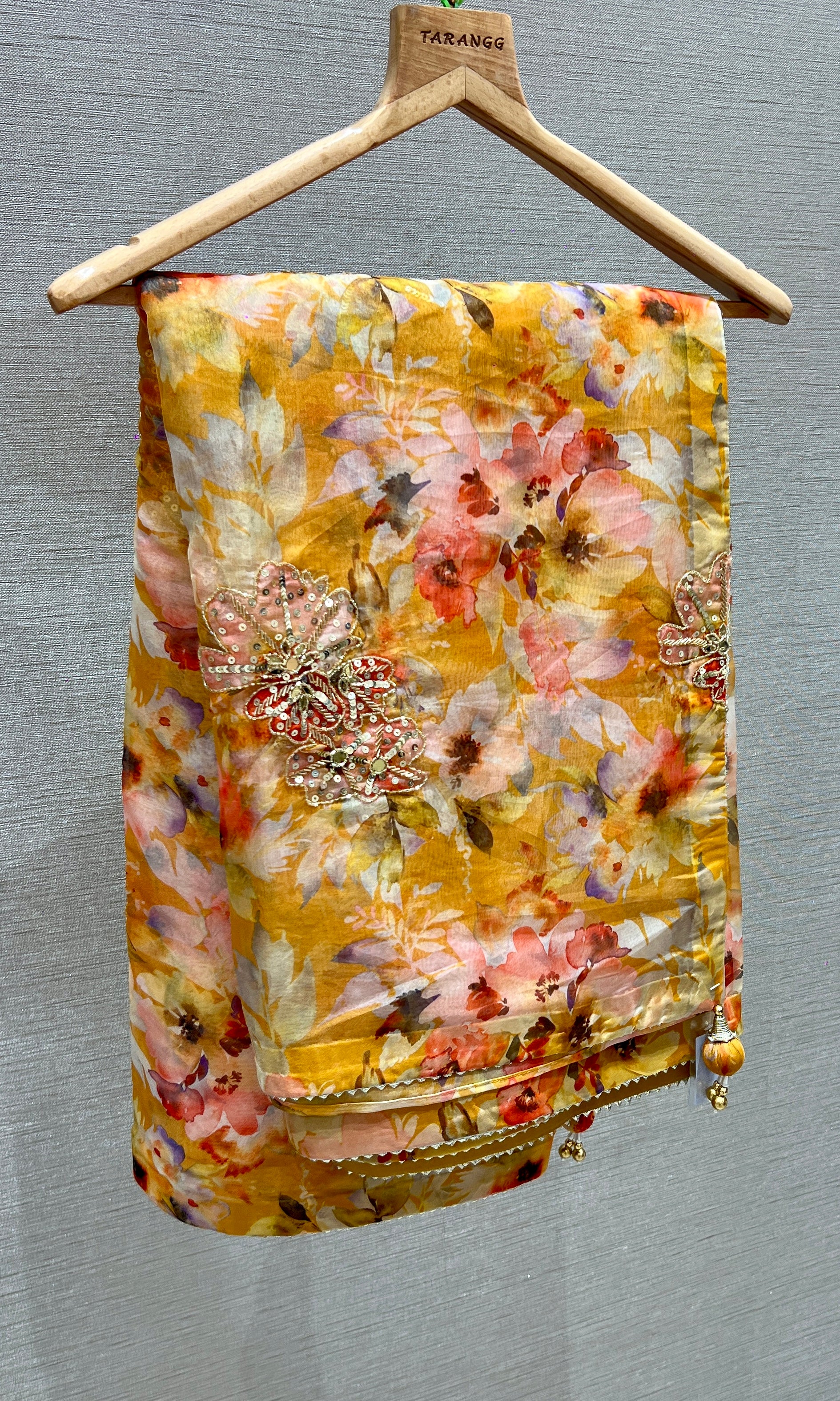 Mustard yellow floral saree with ready blouse