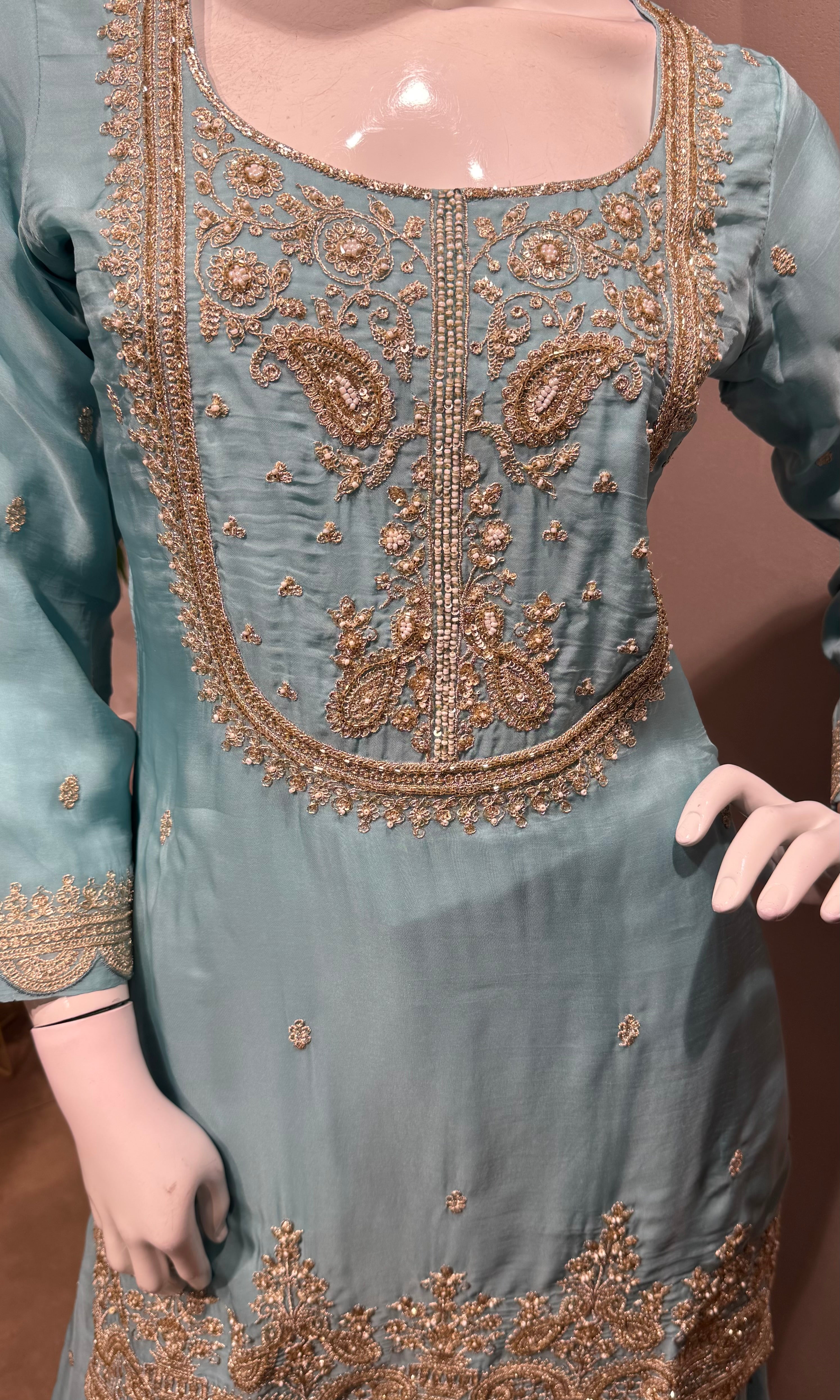 blue and gold embroidered sharara set
