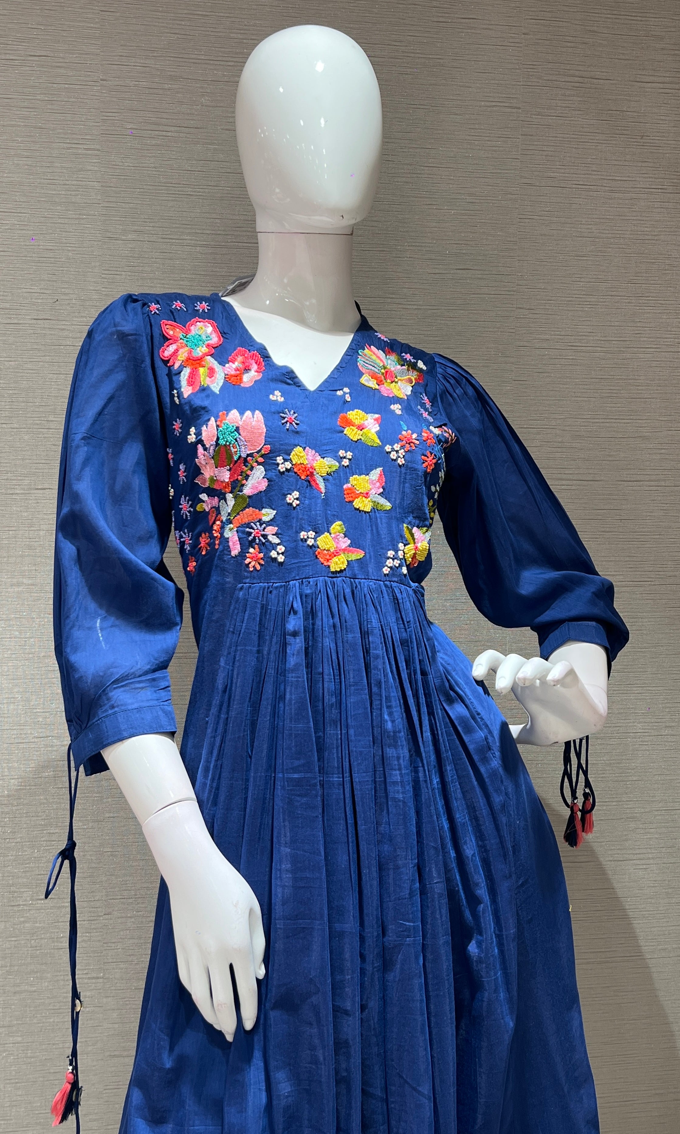 Navy blue FLORAL MUL CHANDERI kurta set