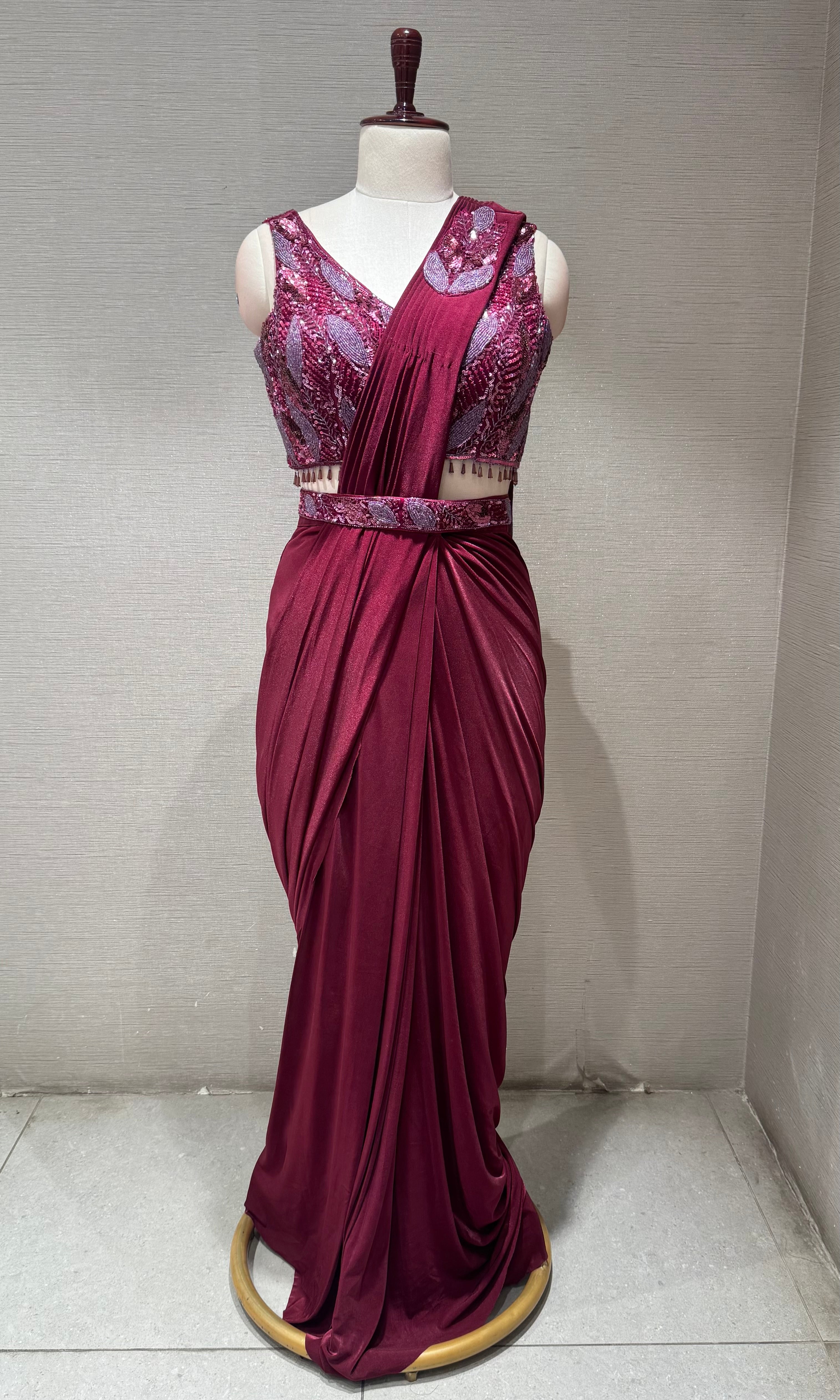 Wine Draped Saree with ethnic blouse and belt