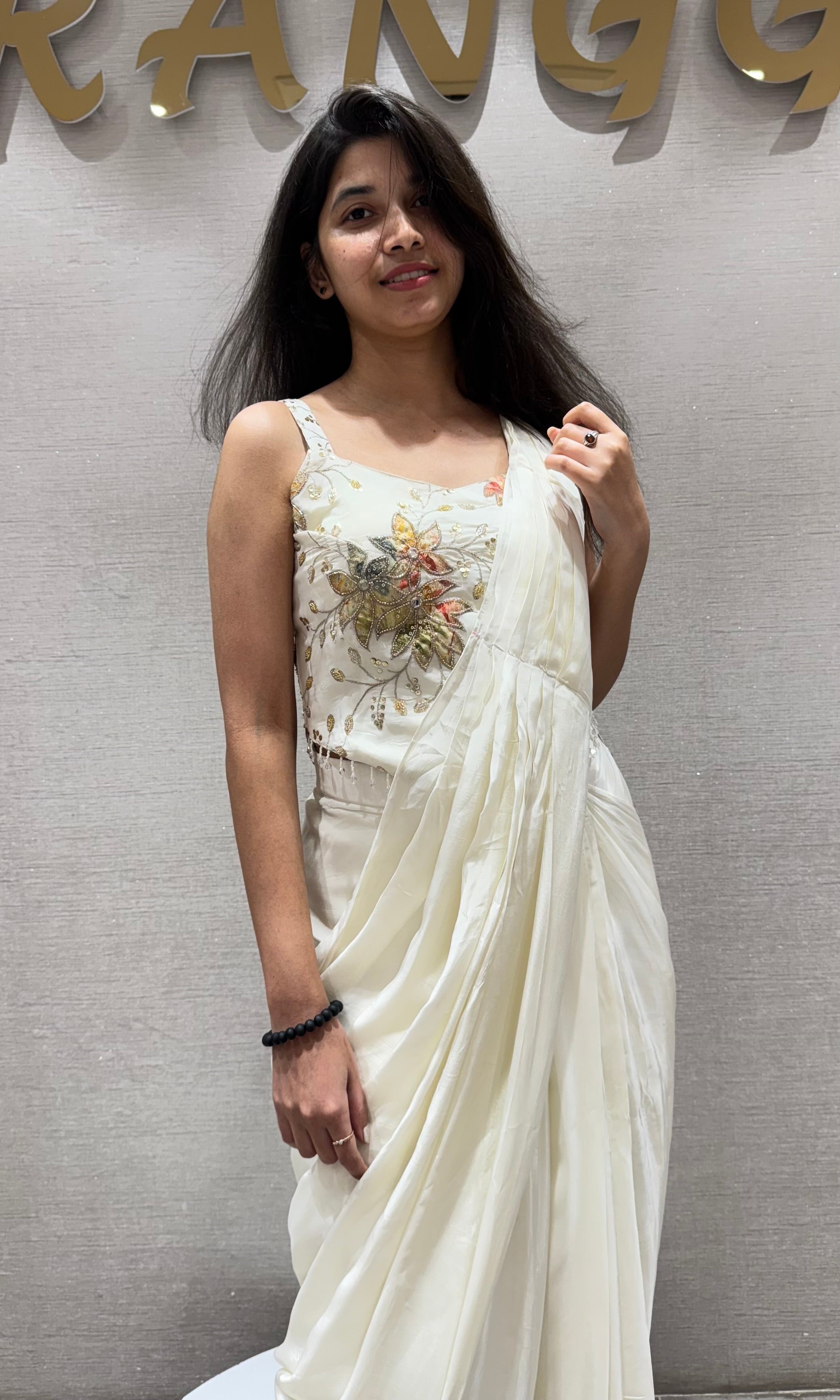 Cream drape saree WITH FLORAL BLOUSE