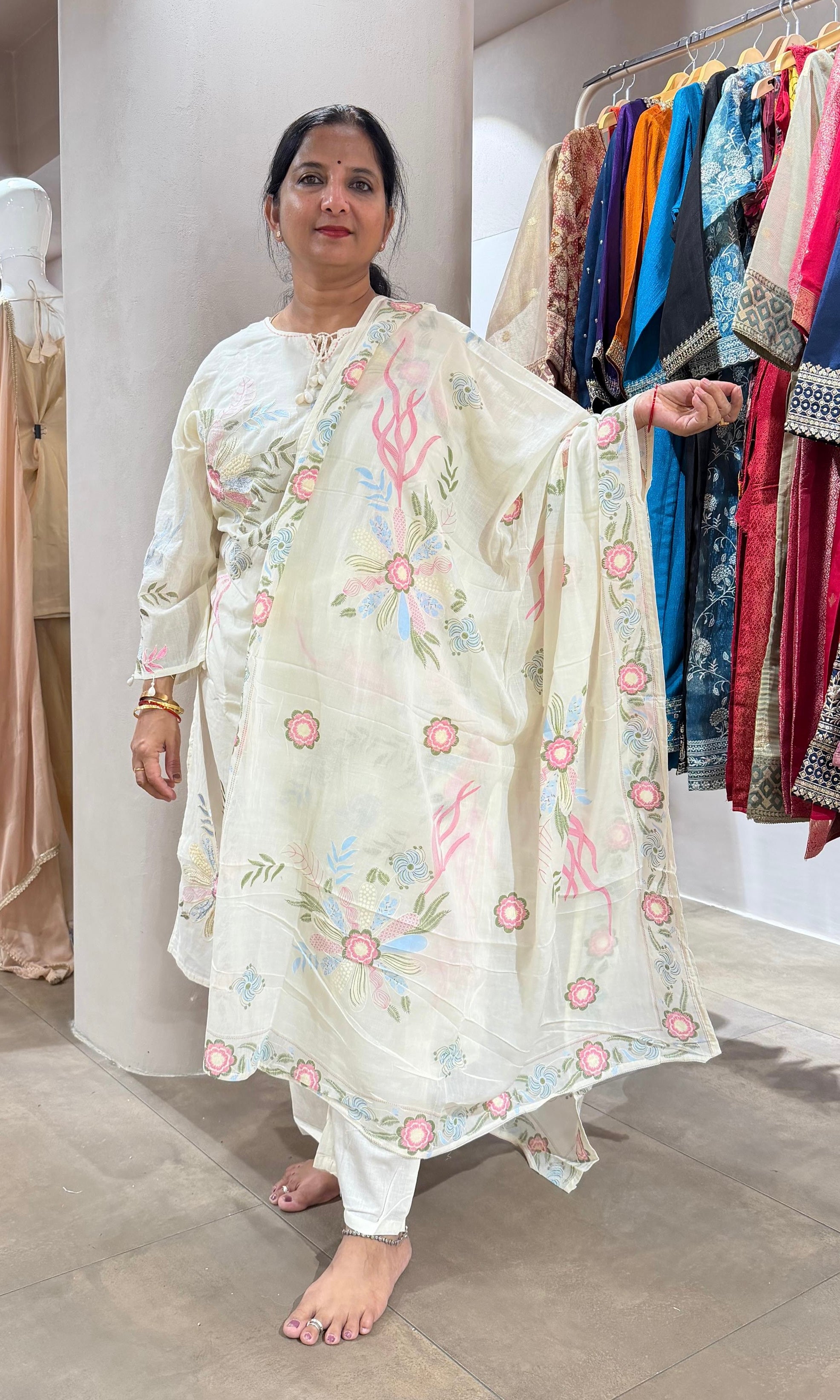 Cream spring summer floral design kurta set